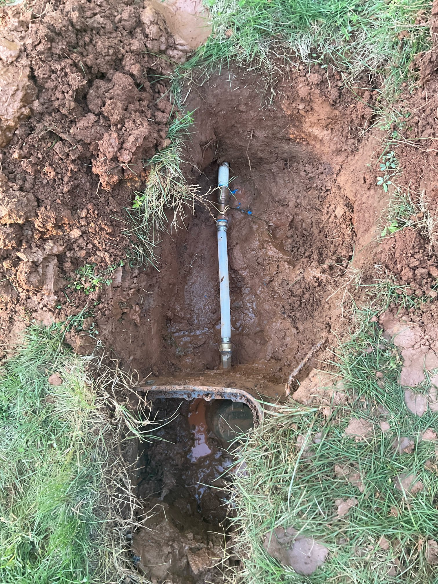 Arrived today water was off at meter , we turned on and notice leak cracked pvc fitting after water meter , dug up the area after water meter , replaced cracked fitting with a new brass fitting And pipe . 