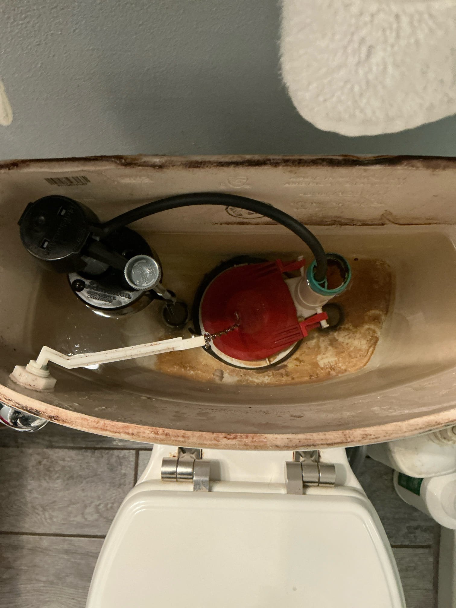Rebuild downstairs toilet with new fill valve, new flapper, and new toilet supply line. Test for proper operation And leaks. No leaks found after work completed. Also flushed water heater with win with Chen membership! 

Strongly recommended replacing 21 year old heater and left estimate for replacement 