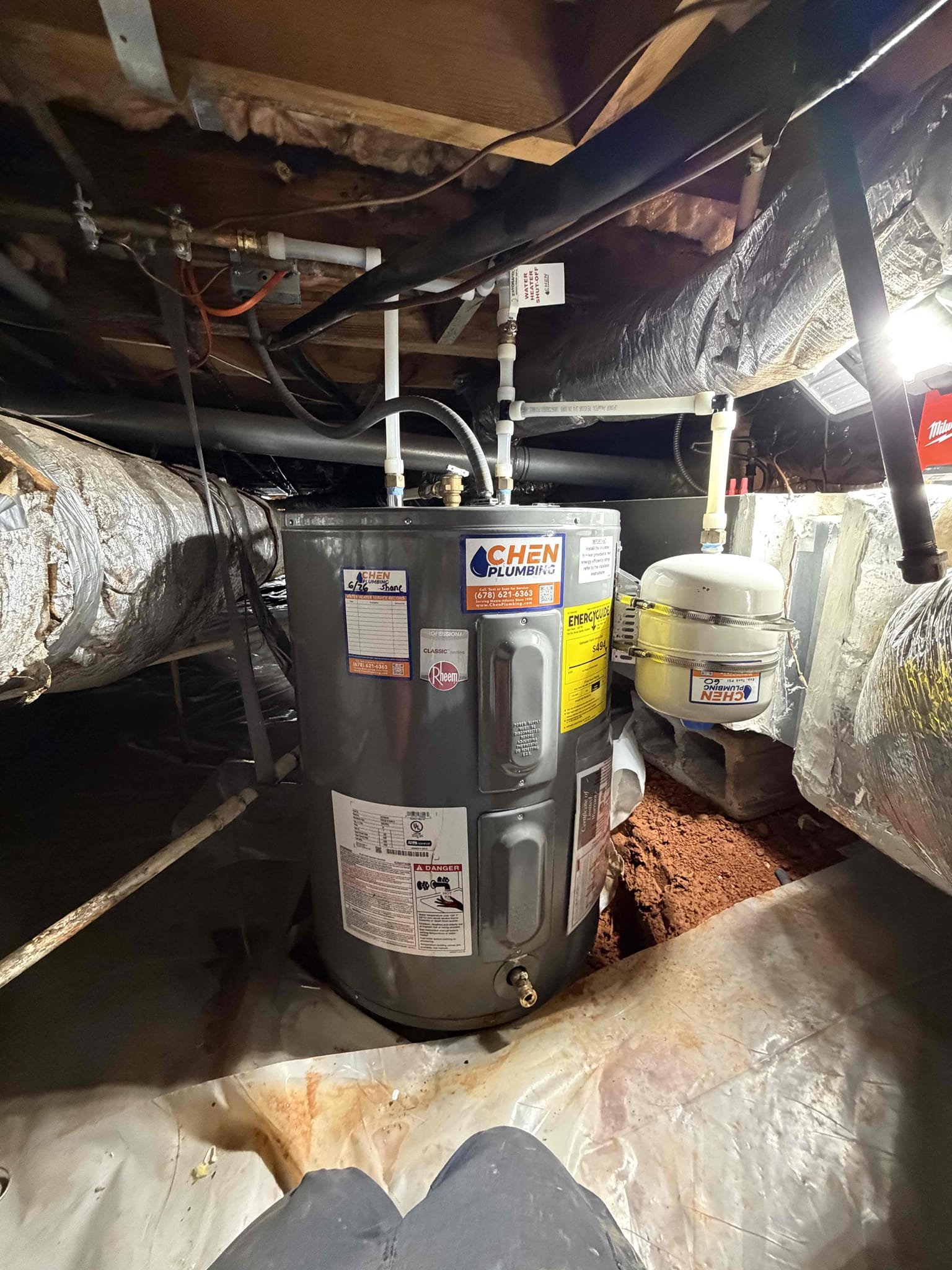 Install a new thermal expansion tank with bracket 
Install a new water heater low boy electric 
Replace pressure reducing valve due lower an normal water pressure with shut off valve
Win with Chen membership 

Phyllis CUSTOMER reinstalled a new 40 gallon electric lowboy in the crawlspace. The prior set up was flex lines so therefore we cut out all the flex lines to packs due to all the moisture that is down in the crawlspace. In addition to that once everything was buttoned up properly. They’re in no leaks, tie the electrical back how to run a new temperature and pressure relief line due to the fact that the old one was galvanized so we ran CPC for that stalled a new thermal expansion tank with a bracket after the installation leaks, installed a new pressure reducing valve where the main water line comes in. Water pressure is back to 60psi, rather than 130 psi. No leaks after the install. Customer is all set. Thank you for using Chen plumbing and welcome to the win with Chen family!