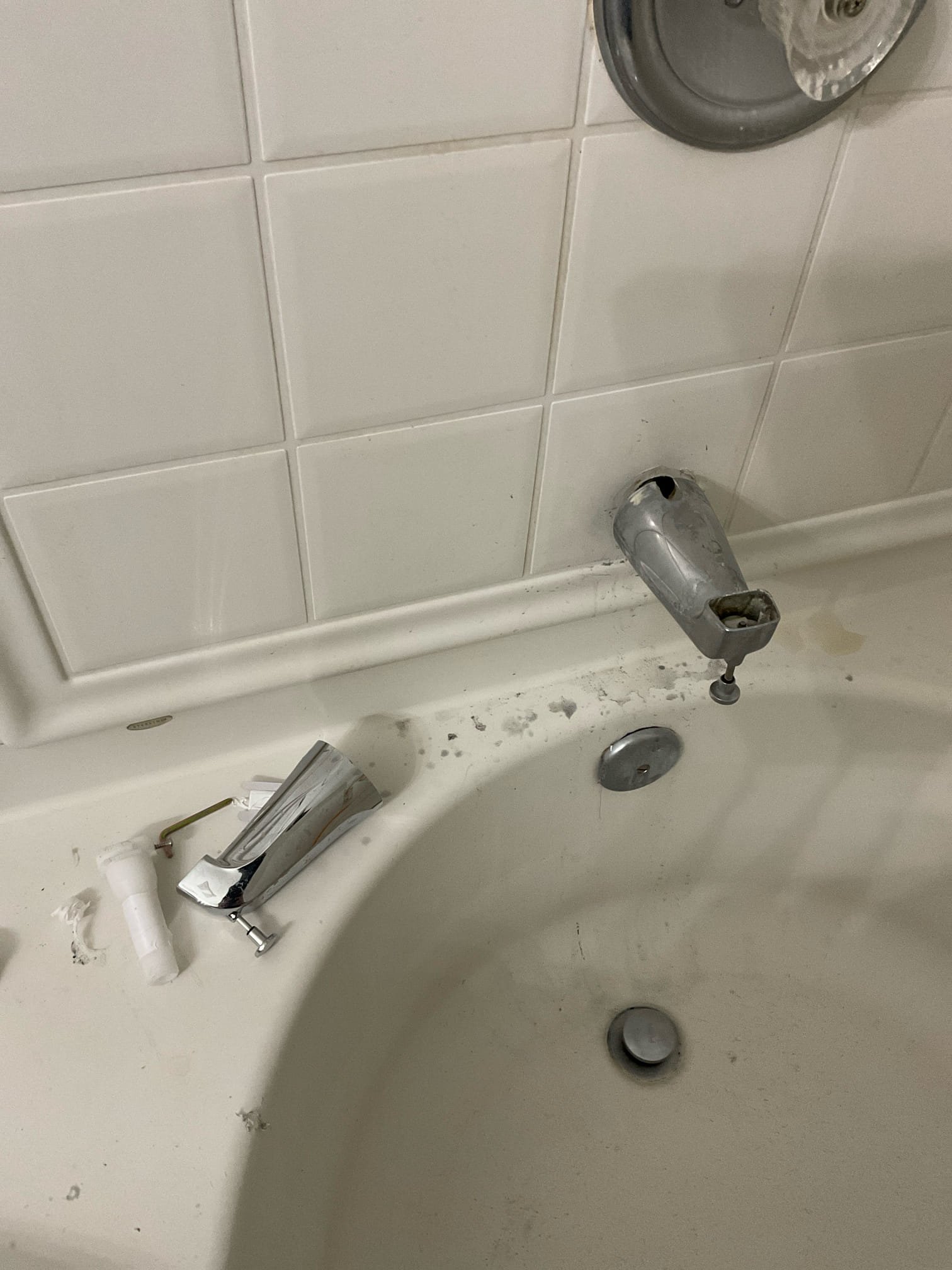 Customer stated that tub spout wasn’t working properly and they attempted to replace it but couldn’t get it replaced. Stated to customer that will need to remove old tub, spout, and install new one and customer agreed. Went ahead and removed old tub, spout, and found that pipe was damaged. Stated to customer that pipe will need to be repair repaired. When I had an installed new piping for tub, spout, and install installed customer supplied tub spout. Tested work and now tub spout is working as it should and no leaks present at this time. Caulked around tub, spout, and cleaned up work area. Also installed access panel.

Also found that water heater was leaking and recommended to customer to have water heater replaced, but at this time customer didn’t want to proceed with replacing water heater. Will send estimate for water heater replacement