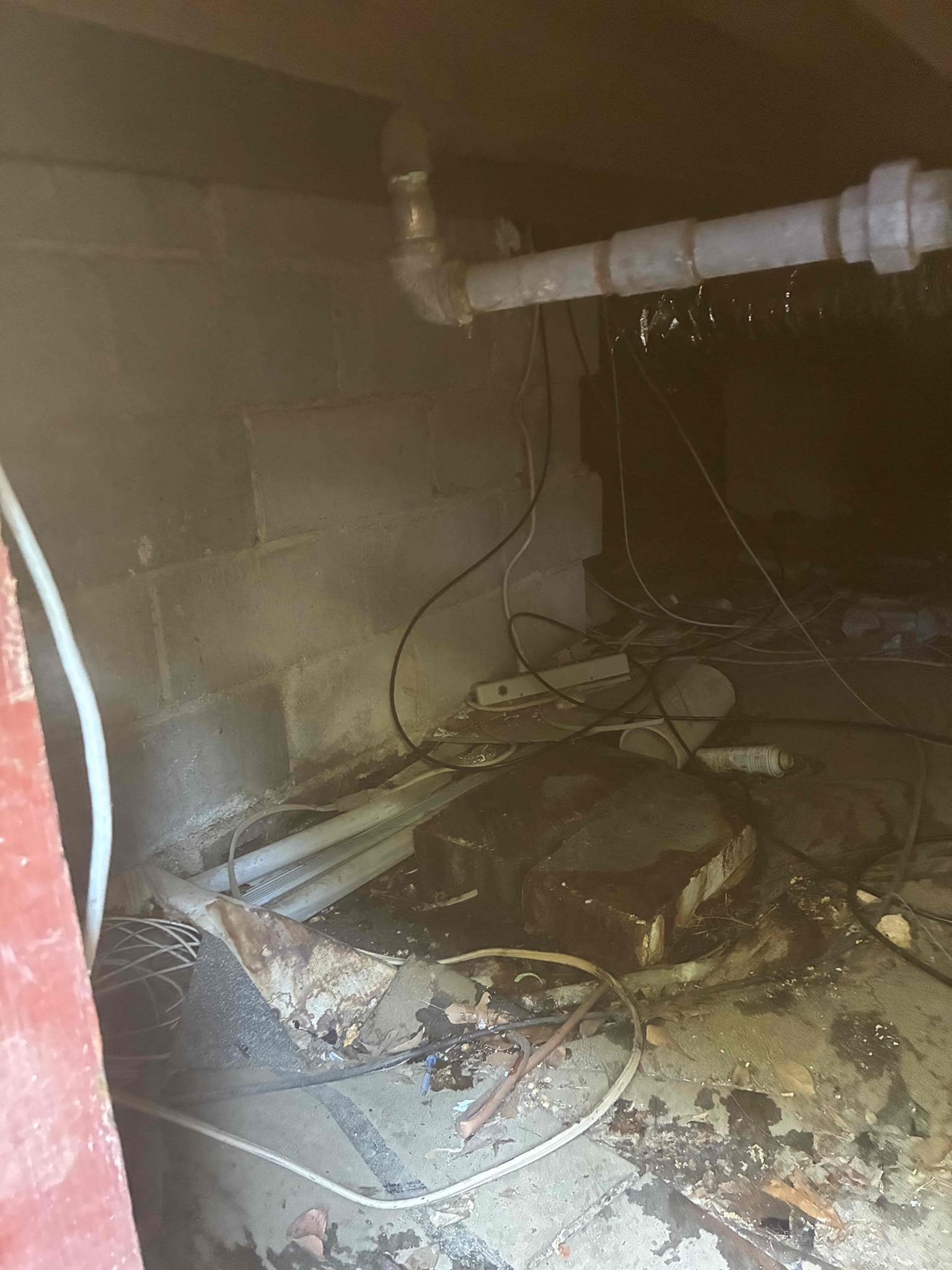 Found 20 gallon electric water heater leaking in crawl space. It was fed with 3/8 soft copper with no value. Disconnected from galvanized water system and capped water lines. Restored water and checked for additional leaks. No other issues at this time. No warranty on galvanized water system. Recommend repipe.