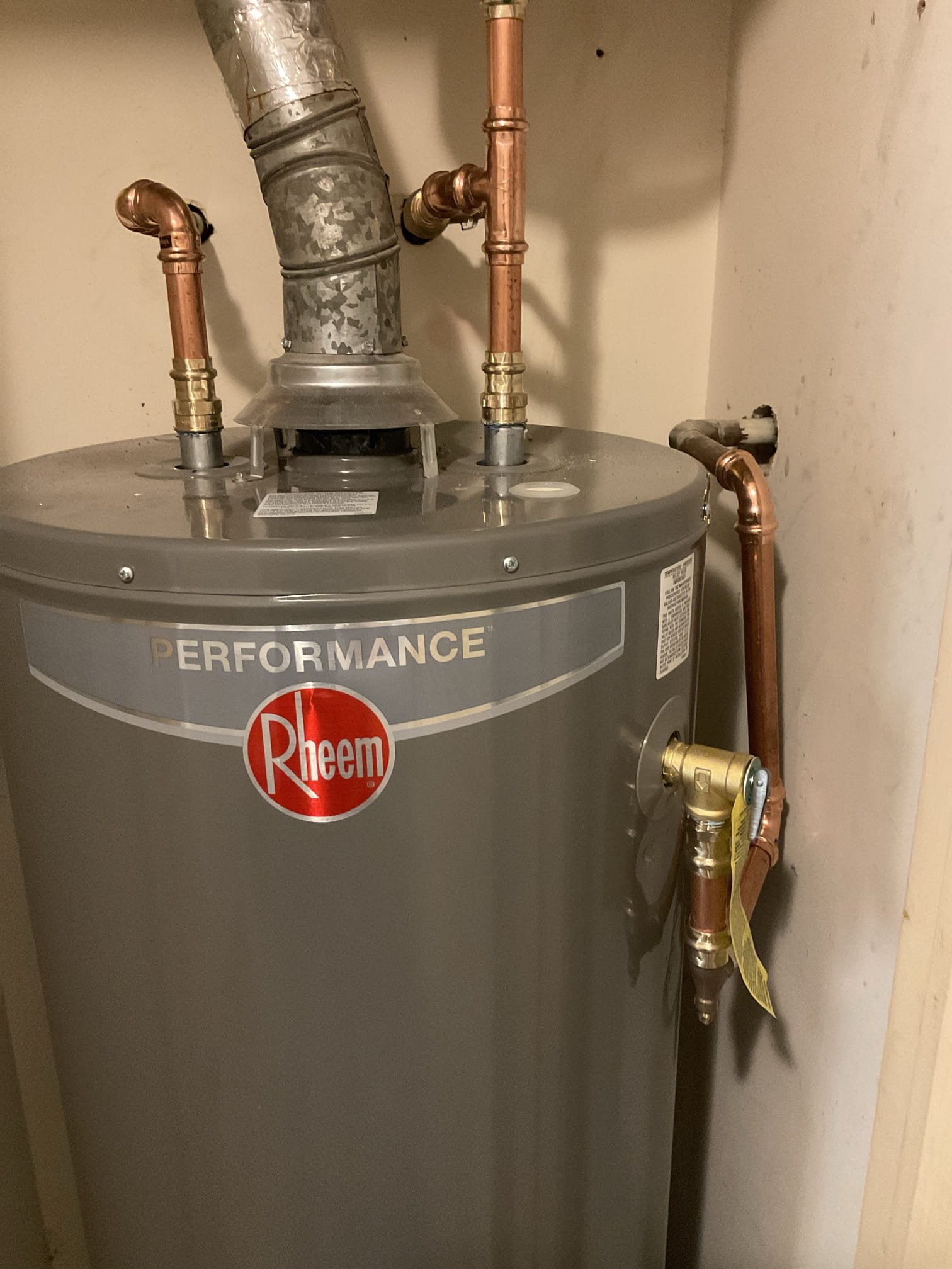Replaced a busted 40 gal gas water heater in second floor with a new Rheem 40 gas , new expansion tank , Pan and new water and gas shut off valve , new gas flexible connector installed.