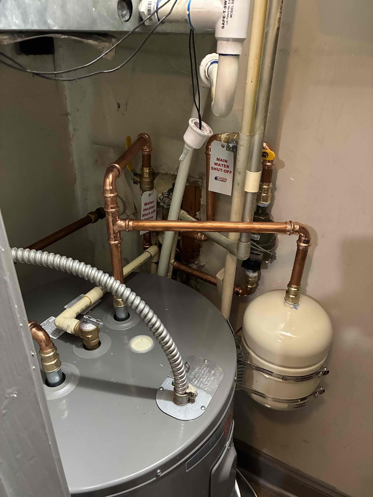 Found water meter for unit only serving hot system. Water heater was 10 years old. Removed water heater and recipes water meter to serve both hot and cold systems. Installed new 38 gallon electric low boy water heater with new ball valve and thermal expansion tank. Tagged new main water shut off and water heater shut off. Tested and left everything in good working order.