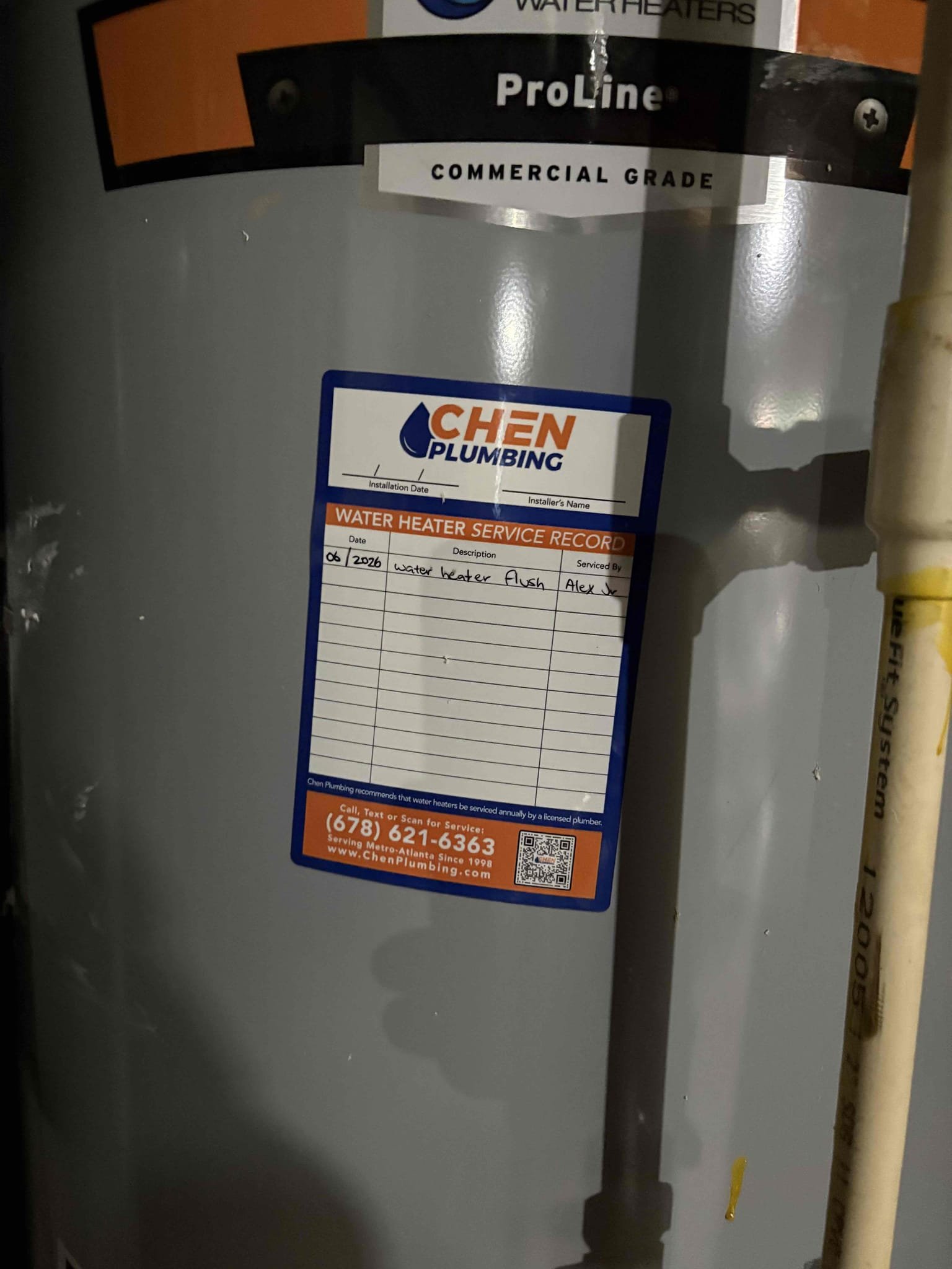 Performed win with Chen annual plumbing inspection. During inspection saw somethings that needed to be addressed and brought up to customer and left estimates. While performing water heater flush with membership, found Thermal and pressure relief line for water heater is touching metal exhaust vent and  is melting cpvc discharge. Cut out section of relief line and reroute around vent to prevent water leaks in future. Test for proper operation and clean work space 