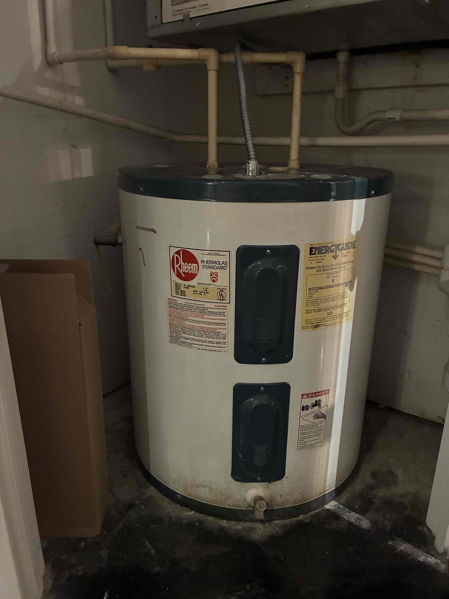 Found water heater at old age. Replaced water heater with new water heater in mechanical room off of living room. 