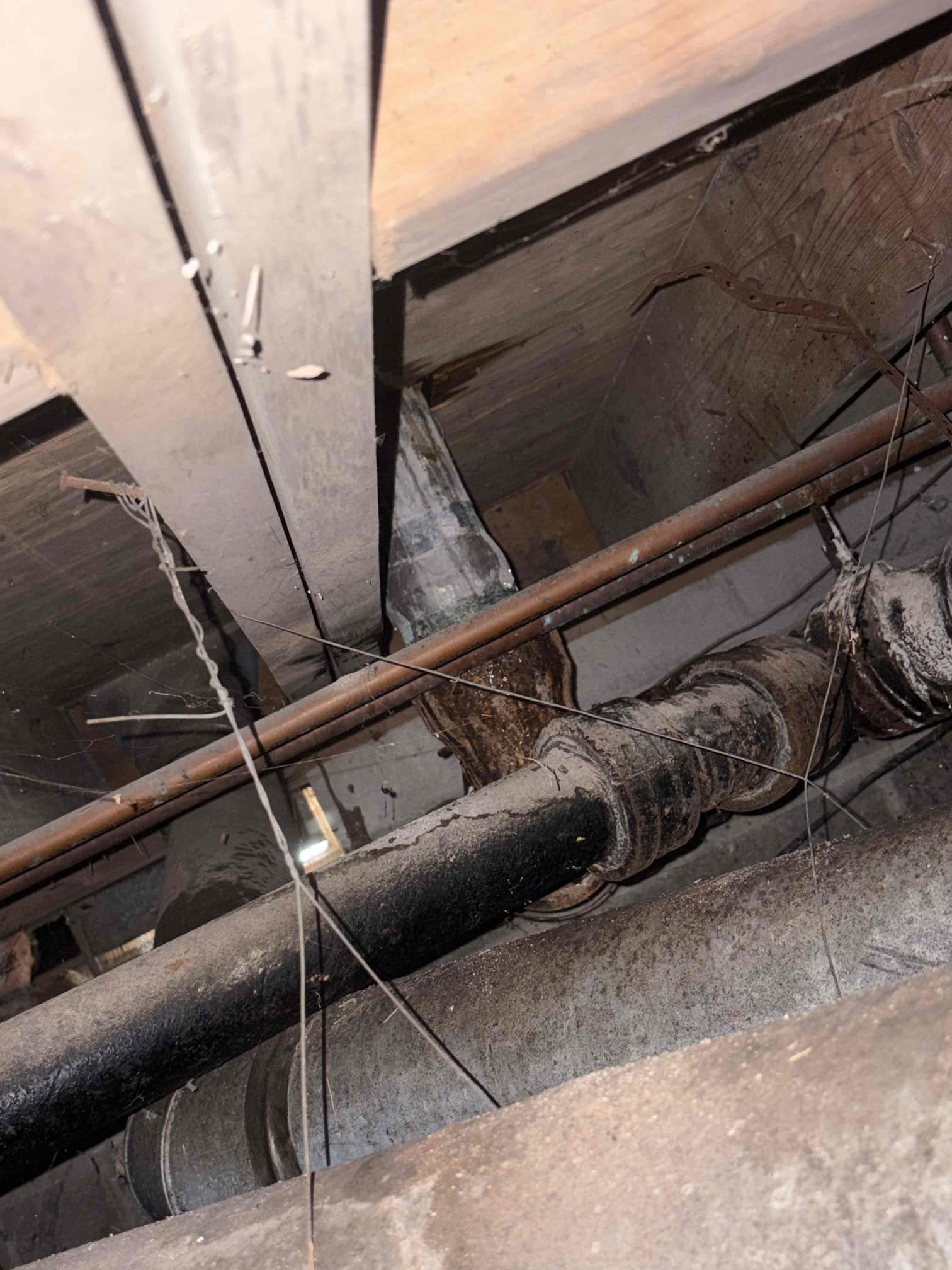 Customer has back up in two main bathrooms, inspected crawl space. Cast iron drain is rusted and leaking. Noticed multiple leaking spots on drain line. Also checked clean out, drain is holding no water at clean out. Informed customer we will need to pull toilet and run drain machine through flange. Customer denied any work at this time.