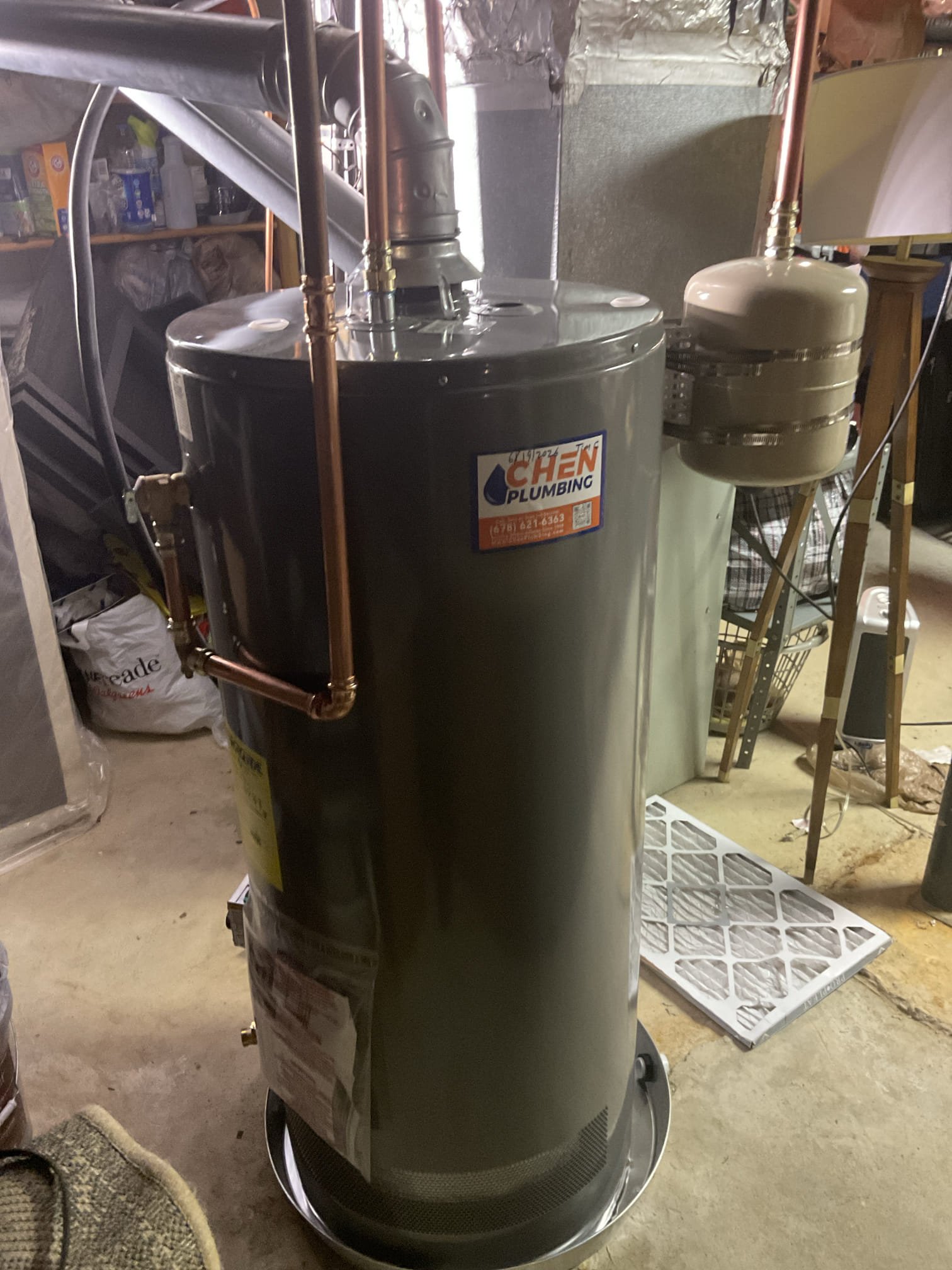 Today we replaced an old 40 gal gas short water heater, supply and installed a new Rheem pro 40 gal gas short heater , pan , expansion tank and new water shut off valve installed as well . 