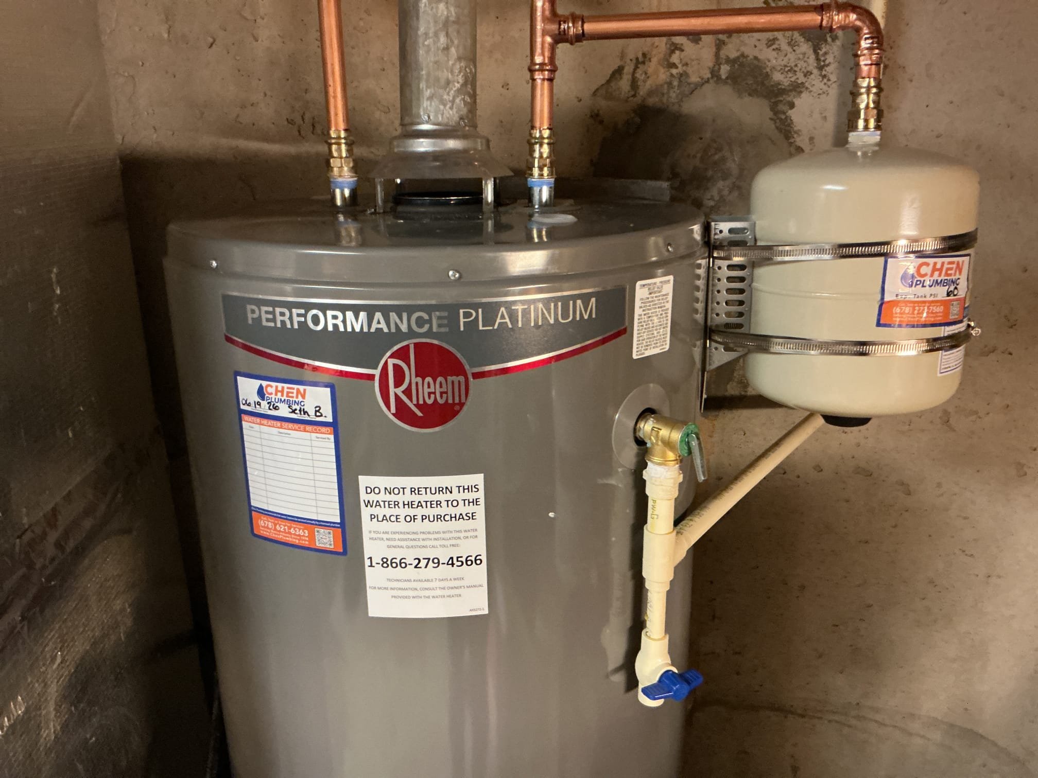 Replaced leaking 50 gal gas water heater in basement. Installed new Rheem 50 gal gas 12 year warranty water heater in new pan. Installed with new ball valve shutoff off and expansion tank strapped. Also ran new trac pipe gas line to water heater. Also ran new 3/4 T&P line to exterior of home. Water heater is lit and working properly at departure. No leaks at departure.