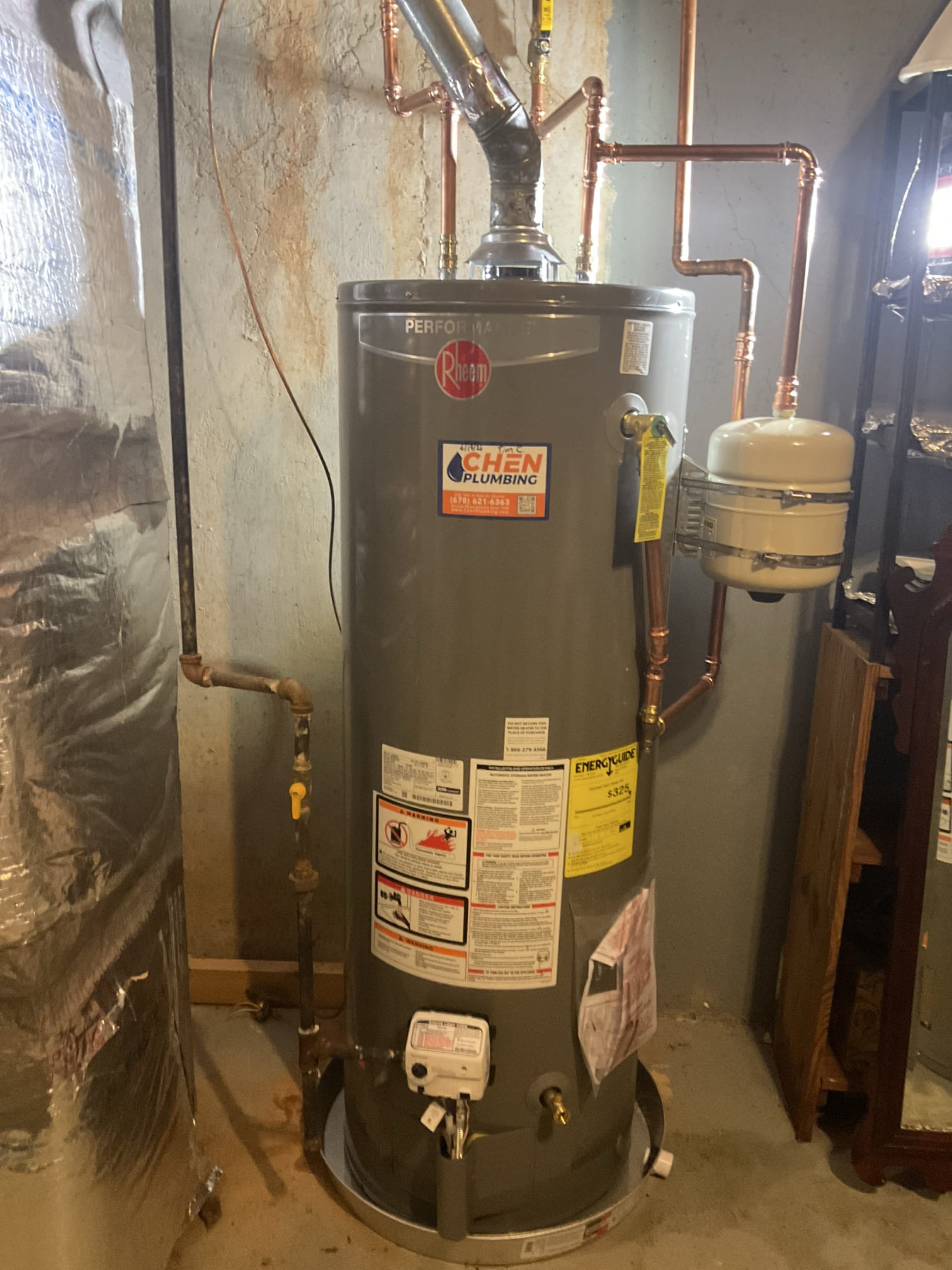 Replaced a old 50 gal gas water heater , add pan , expansion tank and water shut off valve 