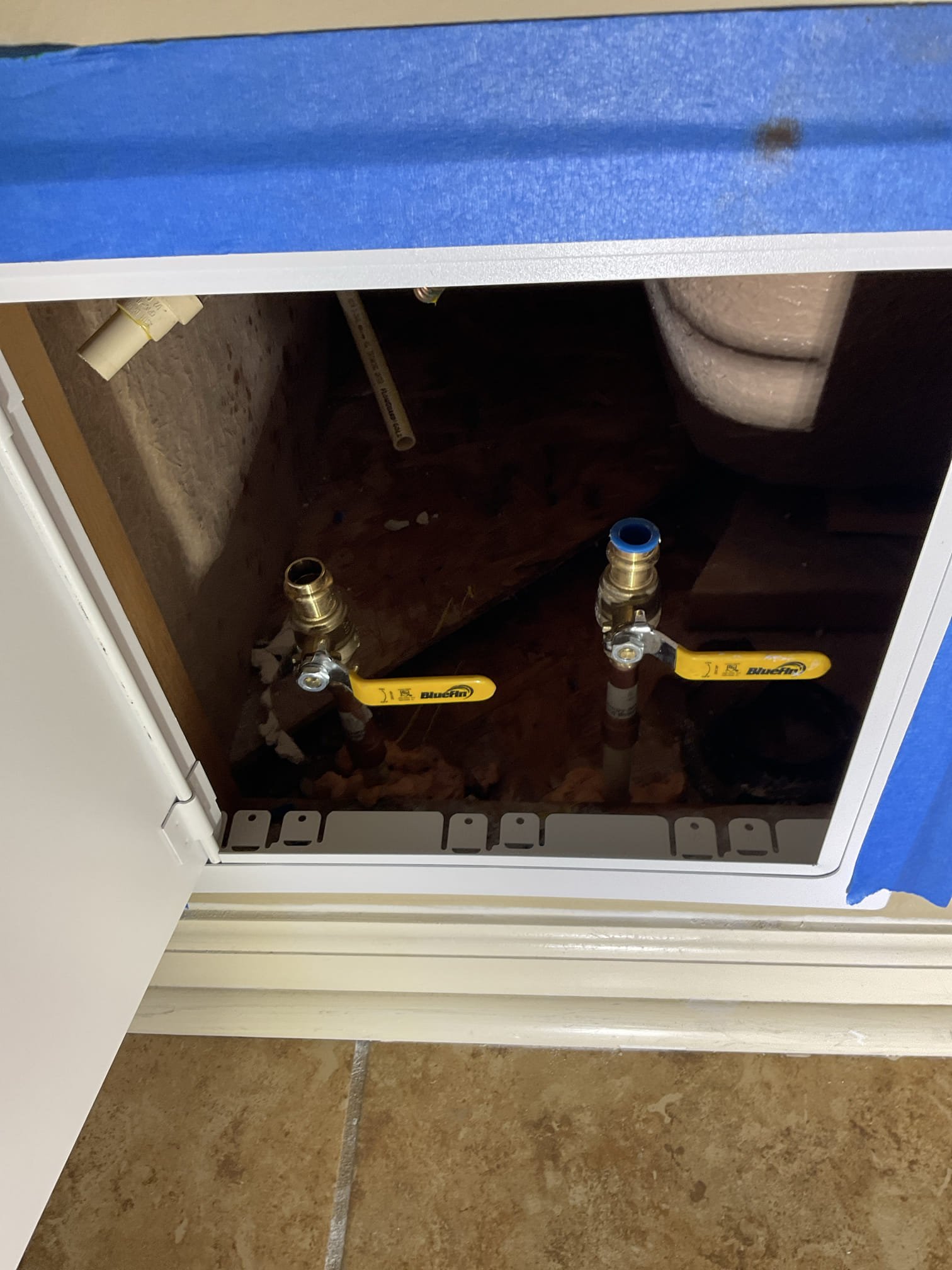 Customer attempted to repair the Roman tub faucet and damaged faucet rough in valve , we arrived today with water off at home , we cut drywall inside the wall of toilet room , add two 1/2 “ propress valves to existing CPVC pipe , get water back on after glue is dry , installed customer supplied 12x 12 metal frame access panel . 