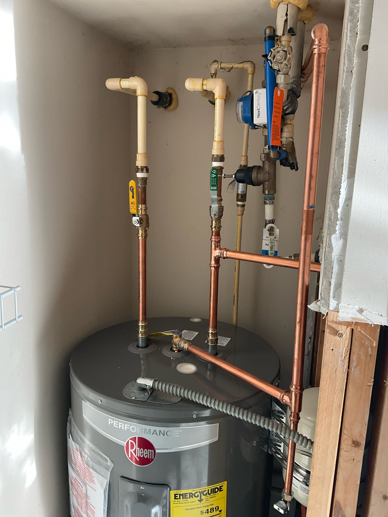 Removed existing water heater and hauled away. Furnished and install new 50 gallon electric water heater. Installed shut off on hot side and installed new thermal expansion tank with bracket. Tested and no leaks were present at this time. Also turned on shut off valve for hose bib outback. Cleaned up work area.