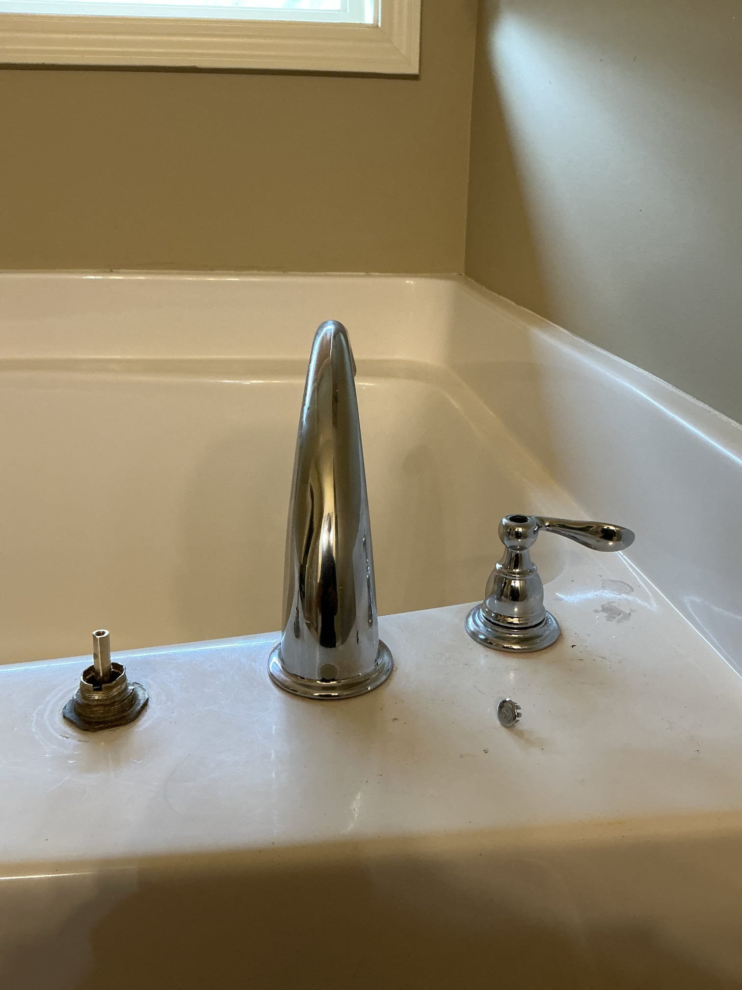 Removed existing Roman tub faucet in master bathroom tub. Installed new delta Roman tub valve provided by customer. Installed new valves and connected water lines beneath toilet valves installed previous visit. Reinstalled trim from previous Roman tub faucet on new valves. Tested all work for proper operation and leaks. Tub is working properly and no leaks found after work completed.