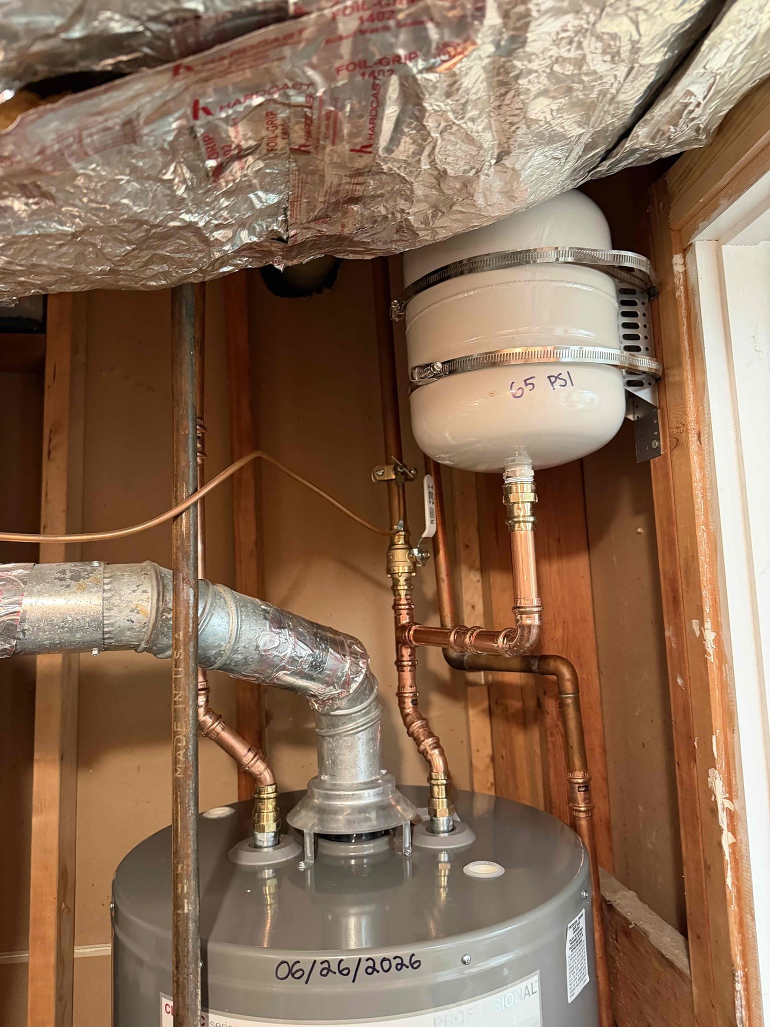 Removed old water heater and haul away. Furnished and installed new 50 gallon gas water heater with new tank shut off and thermal expansion tank with bracket. Also installed new Prv with main house shut off valve. Tested and everything is working as it should and no leaks present. Set pressure to 60-65 psi and cleaned up work area.