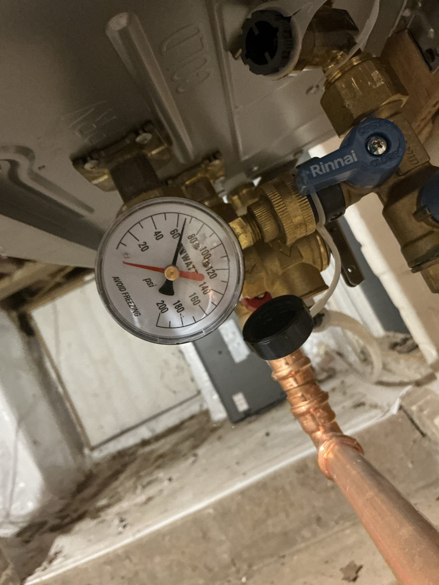 Shut off water to home and drain system. Remove current regulator reading 93psi. Install new pressure regulator and set pressure to 65psi. In powder room rebuild toilet with new fill valve, flapper, and toilet supply line. Test all work for proper operation. Clean work space 