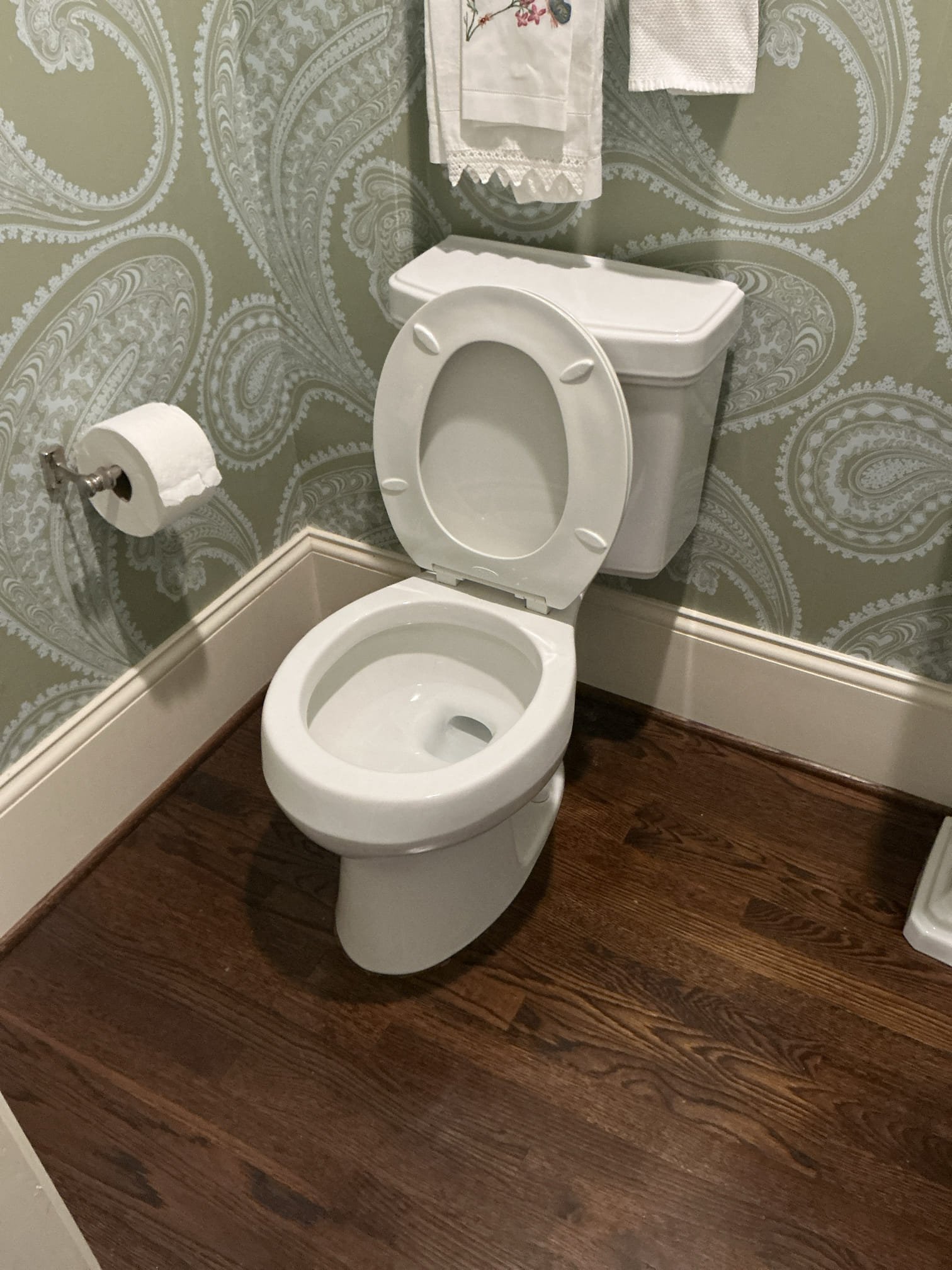 Shut off water to home and drain system. Remove current regulator reading 93psi. Install new pressure regulator and set pressure to 65psi. In powder room rebuild toilet with new fill valve, flapper, and toilet supply line. Test all work for proper operation. Clean work space 
