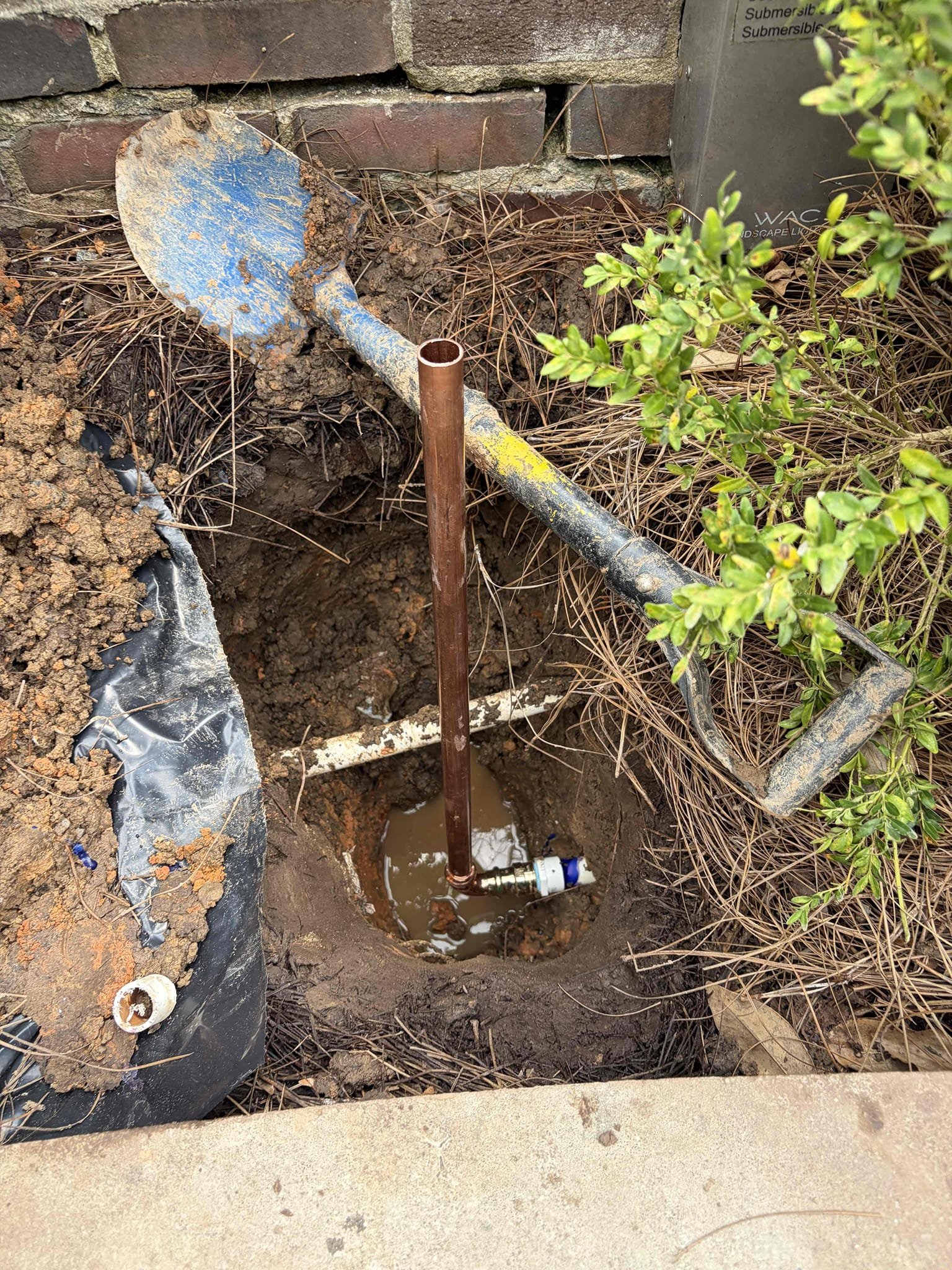 Install a new hose Bibb from the ground
Will need to dig and replace pipe in the ground 

For this customer I had to dig up a hose bib that was coming out of the ground due to it being corroded from the galvanized piping. The galvanized piping went from galvanized to PVC in the ground so I had to dig it up given that there was no space for where the issue lied. I had to go into the fountain in order to fix the issue, considering that I had to go into the fountain everything for me got wet not a big deal I wanted to get the job completed and installed correctly. I gave the the recommendation to do a yard hydrant however, the customer didn’t want to go that route, so therefore we went with the same style of set up that they currently have and replaced. The galvanized with copper piping, went from PVC with a metal adapter to a street 90 to make the connection and the repair that the landscape waiver signed. Additionally brought that copper pipe up compact of the soil, tested for leaks to 