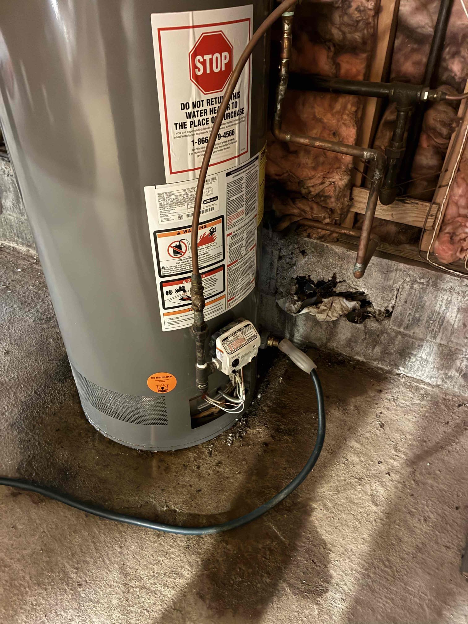 Found water heater in crawl space leaking. Found water pressure at over 100 psi. Replaced water heater in crawl space with new 50 gallon gas set in new water heater pan and new thermal expansion tank. Replace Prv in crawl space and left pressure at 65 psi. Tested and left everything in good working order.