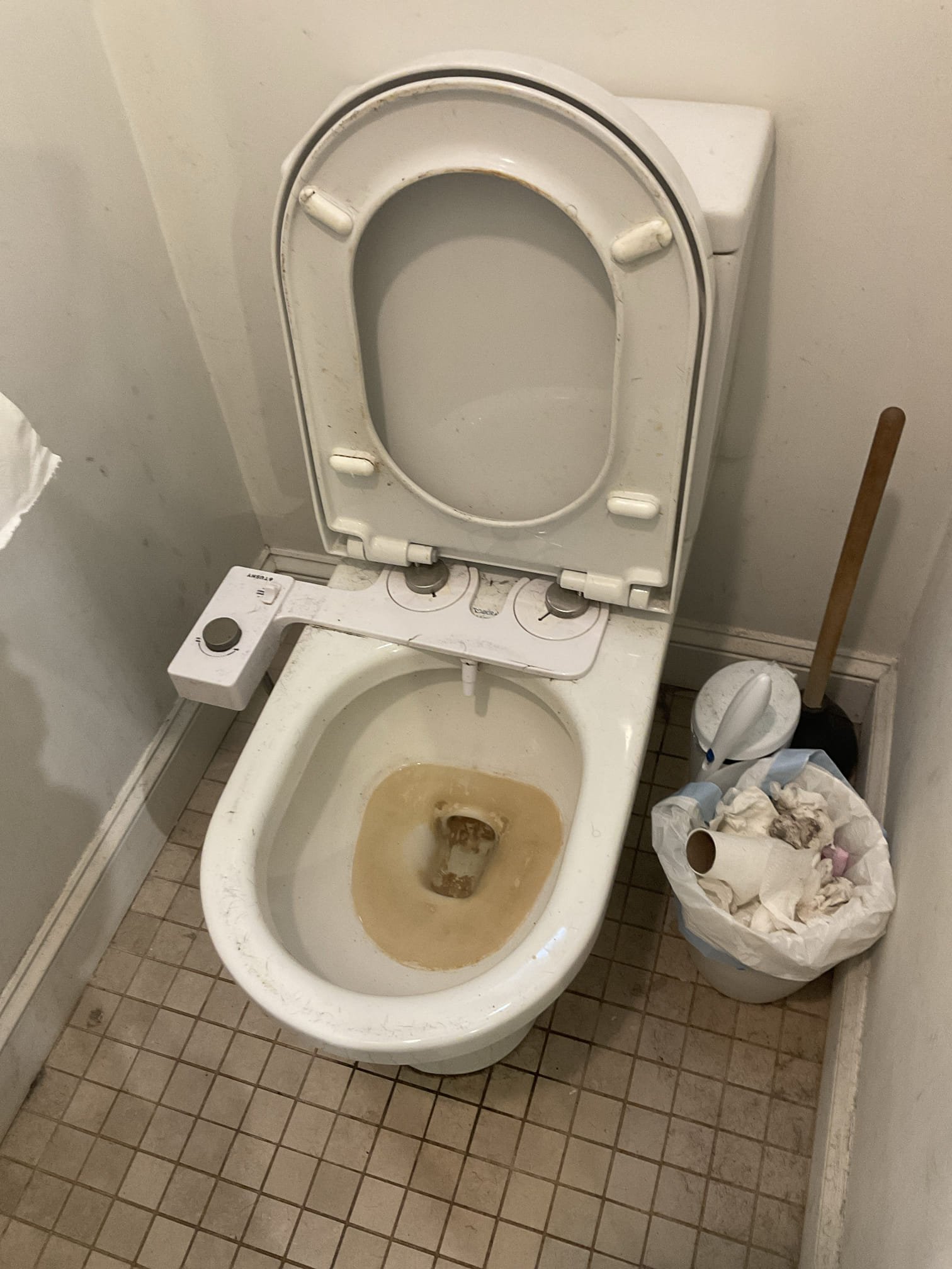 Replaced a cracked toilet ( tank ) with a western elongated toilet , reinstalled bidet seat attachment back . 