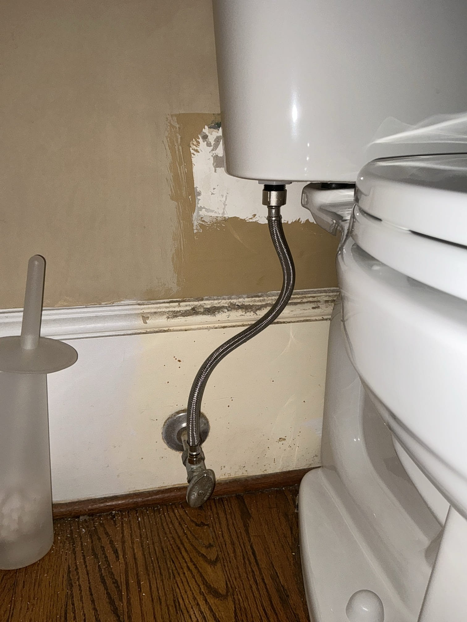 Shut off water to toilet and remove old 1 piece toilet. Provide and install new Kohler 2 piece toilet. Install new toilet with new wax ring, toilet bolts, and new supply line. Test for proper operation. Clean workspace 