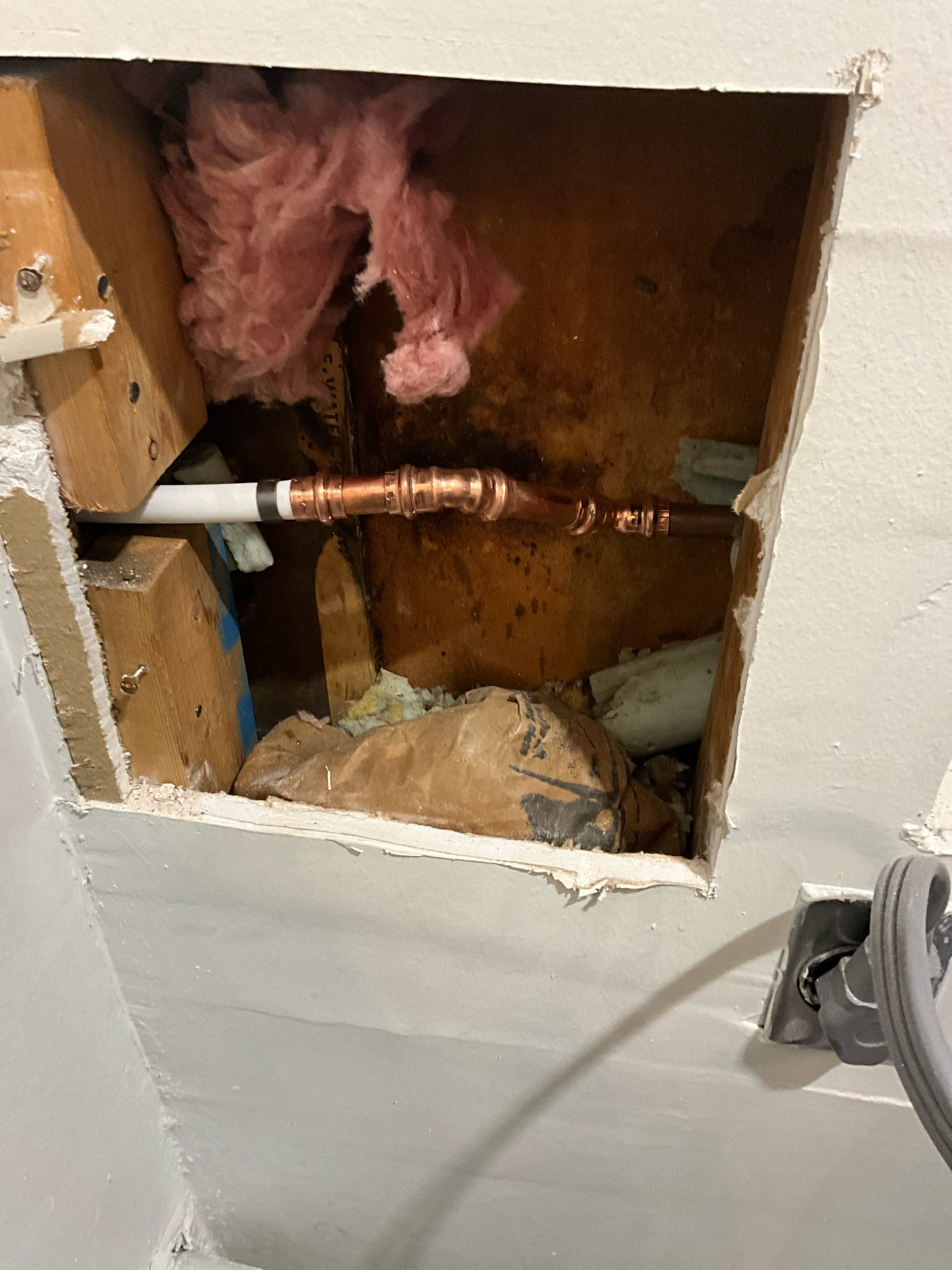 Return to install quoted hose spigot. 

Removed ruptured frost proof hose spigot. Installed new hose spigot on pex pipe to help prevent future freeze damage as much as feasible.

Pressurized unit and checked work. Replaced section of drywall. I recommend having his repaired when floors are done to avoid moving laundry units multiple times.

Also discussed future plans to install pressure boosting pump, and sewer work. 