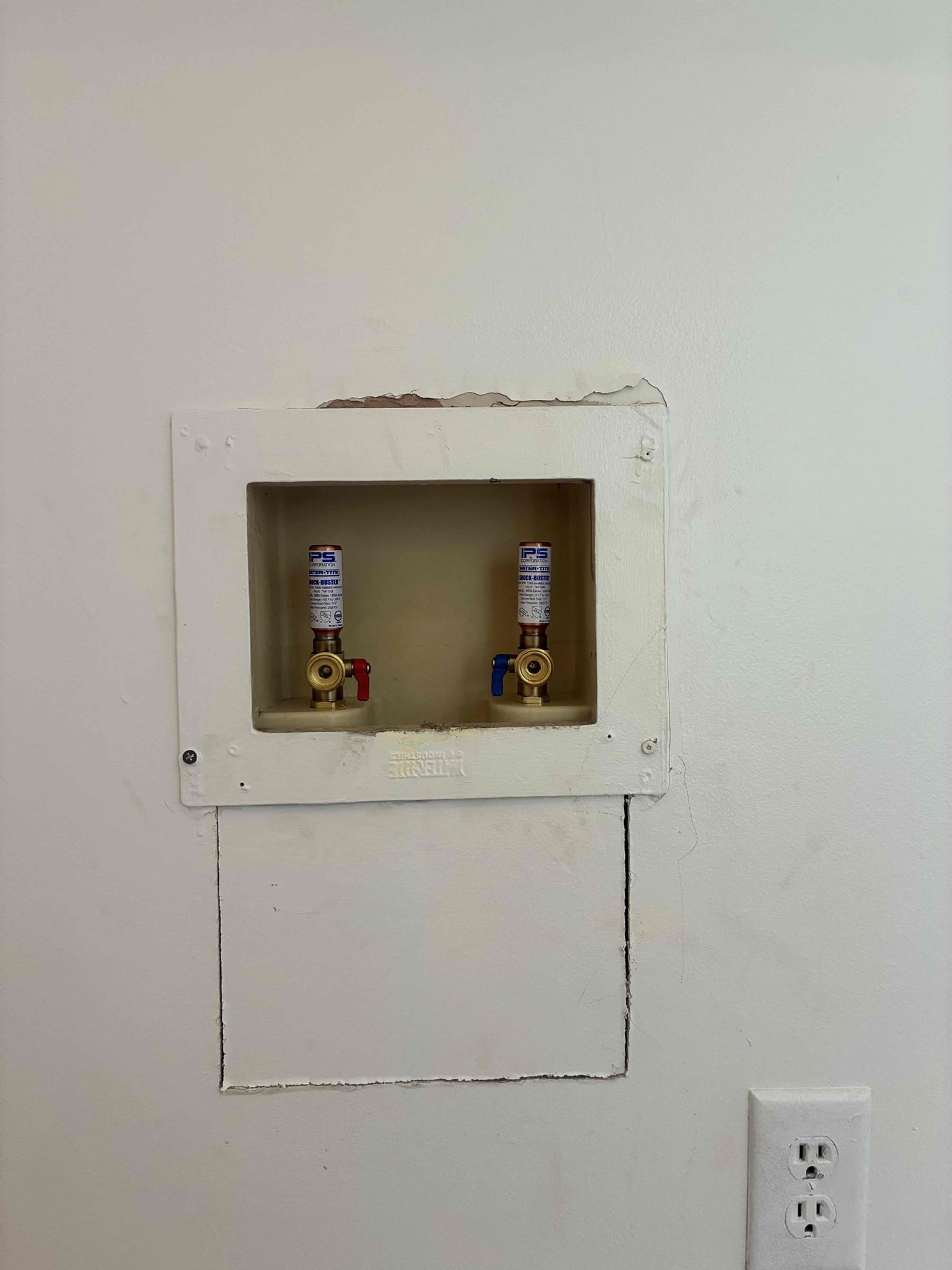 Customer had leaking washing machine box valves when I arrived. Suggested to replace hot and cold valves in order to fix leak. We were here two months ago for other work cut small hole in wall in order to cut out old valves and install new set sheet rock back in place behind washing machine box cover, checked for leaks and proper function.