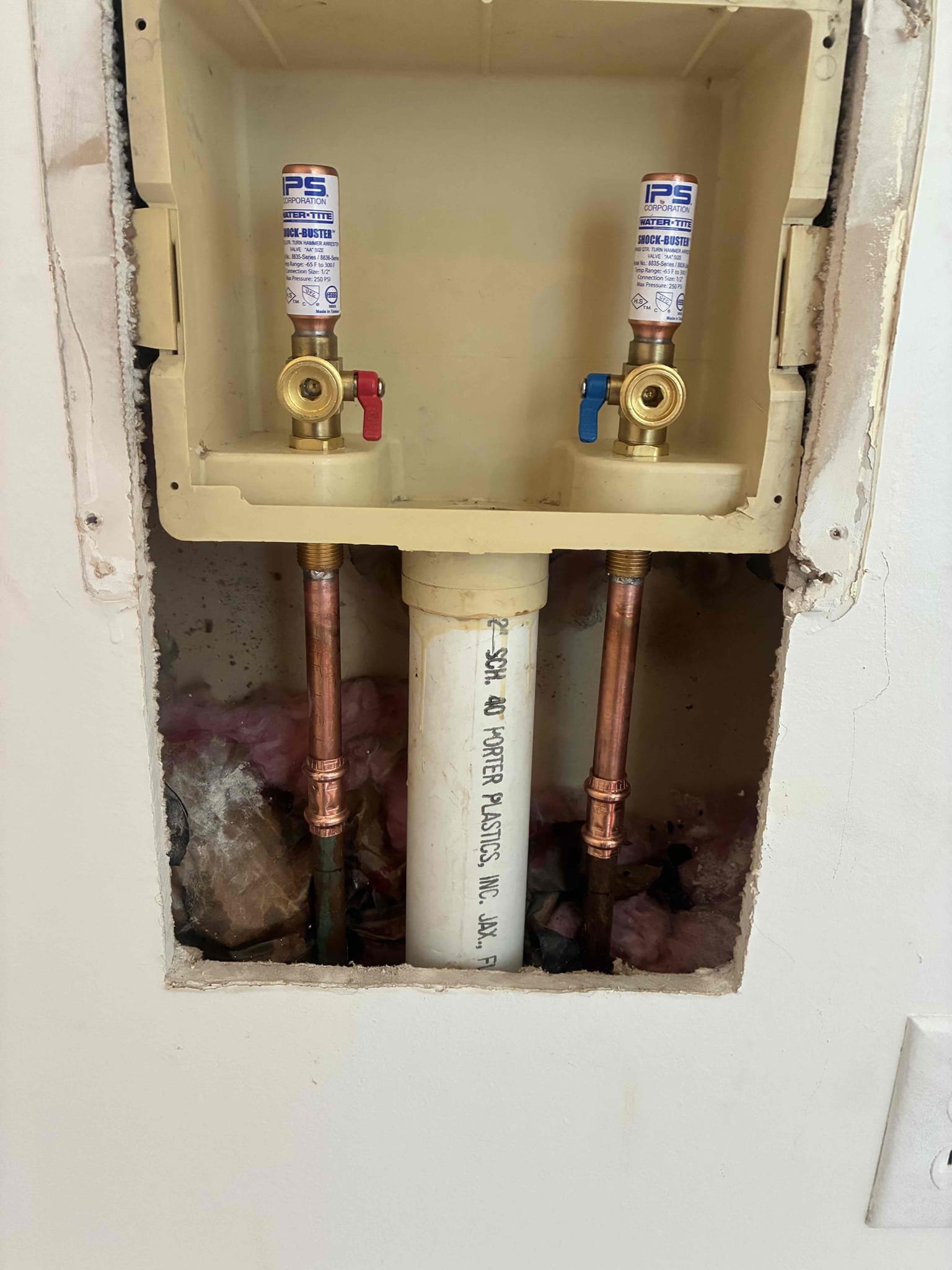 Customer had leaking washing machine box valves when I arrived. Suggested to replace hot and cold valves in order to fix leak. We were here two months ago for other work cut small hole in wall in order to cut out old valves and install new set sheet rock back in place behind washing machine box cover, checked for leaks and proper function.