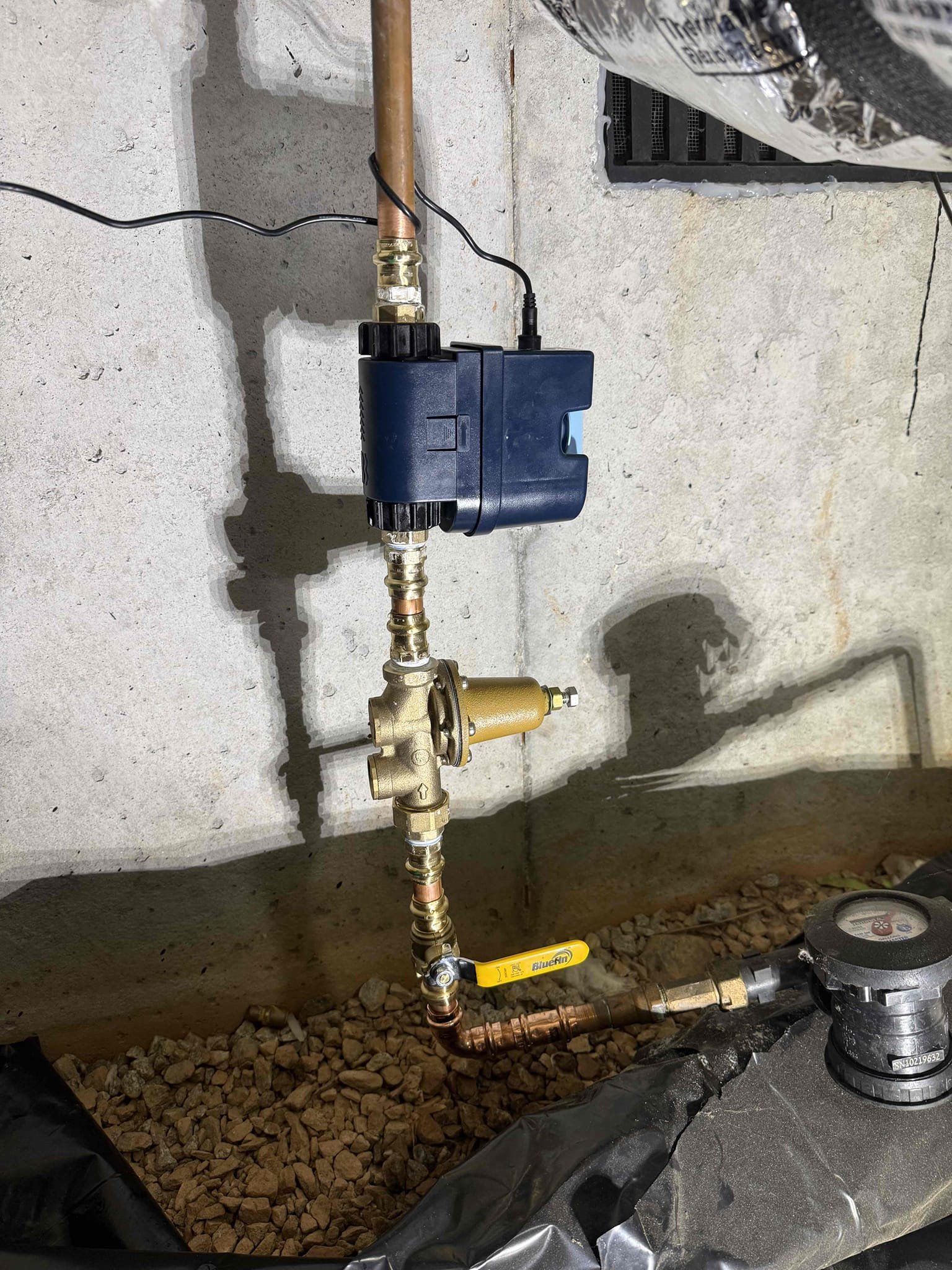 Customer wanting flo by Moen installed upon arrival. Customer stated they go out of town a lot and would like to have the Moen Flo to ease their mind. Informed customer we could install a Moen Flo and recommend customer replace PRV and ball valve due to not knowing how old they were. Gave customer estimate, customer approved estimate. Installed new Moen Flo, ball valve, and a new PRV. Set pressure to 65 psi and turned water back on to check for leaks and set up app. Turned water back on a found no leaks. Helped customer set up app. No leaks upon departure 