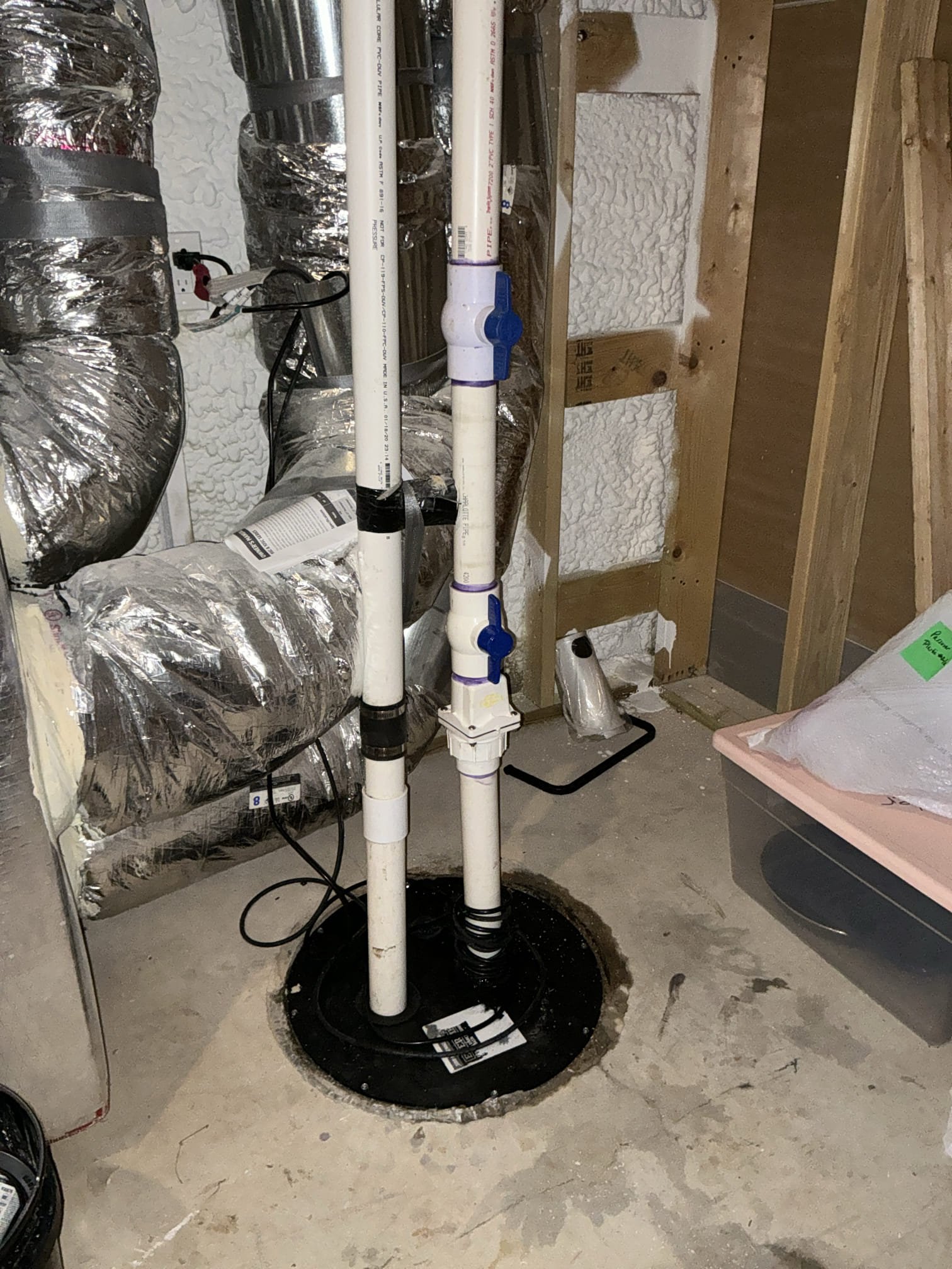 Diagnosed pump not working properly. Found check valve failed and not working. Removed old basin lid and pulled pump. Inspected pump and found pump is newer and in good condition. Added weep hole to riser pipe on discharge, did not have one. Replaced basin lid for sewer ejection pump and installed new checkvalve and ball valve combo. Connected discharge and vent and tested for proper operation. No leaks found after work completed and pump working well. Cleaned work space 