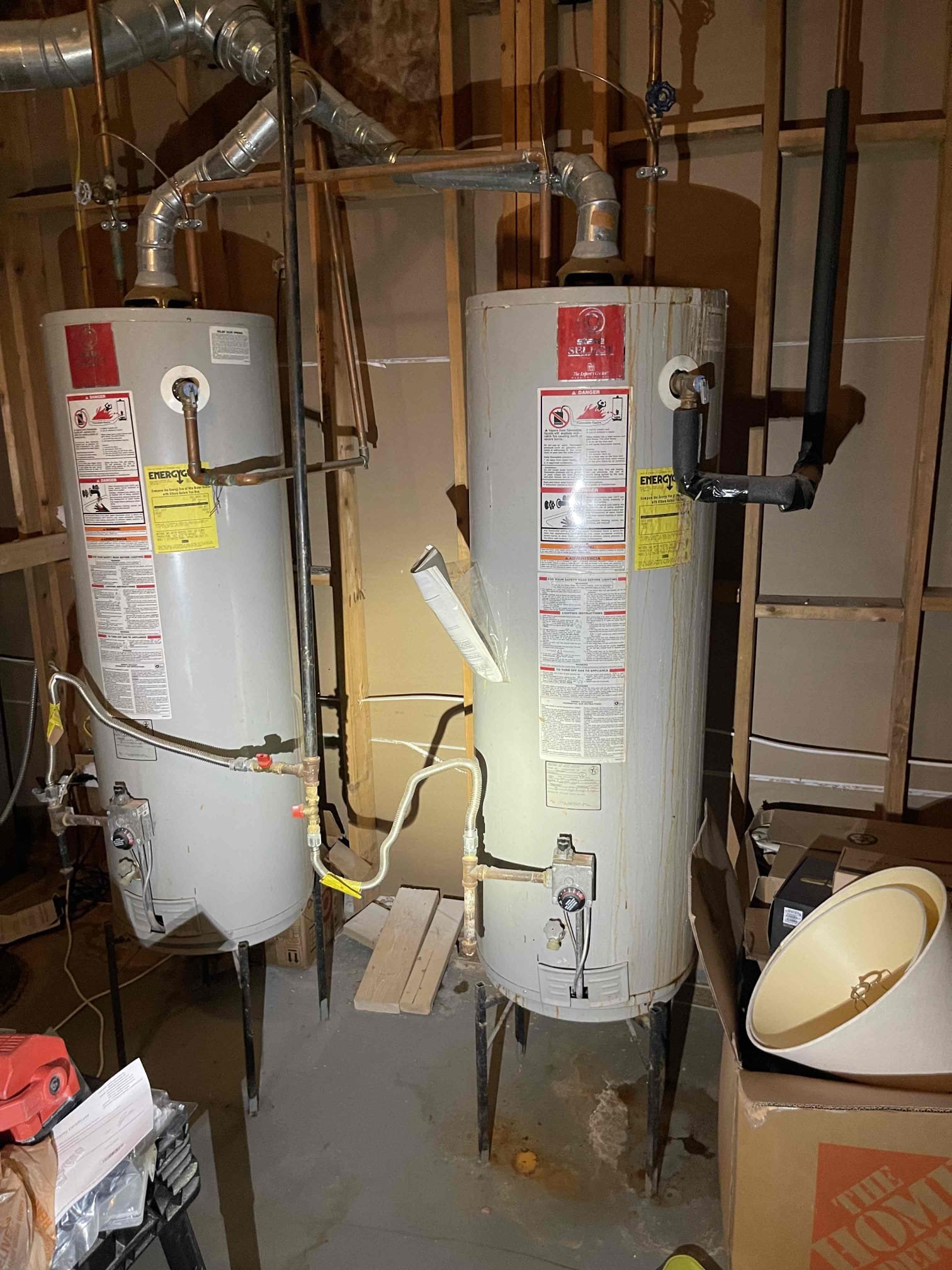 Came out to give quote for the water heaters. Homeowner has two 50 gallon gas water heaters in the basement from 2002. Right tank is slowly leaking and completely inoperable. Pilot was out, I did not attempt to relight. Water pressure tested in the normal range inside the home. Left quote to remove the two 50 gallon tanks and install a 75 gallon gas water heater. Gave different options for flood prevention as well. Emailed quotes over. Homeowner wants to discuss the quote with her spouse before making any decisions. 