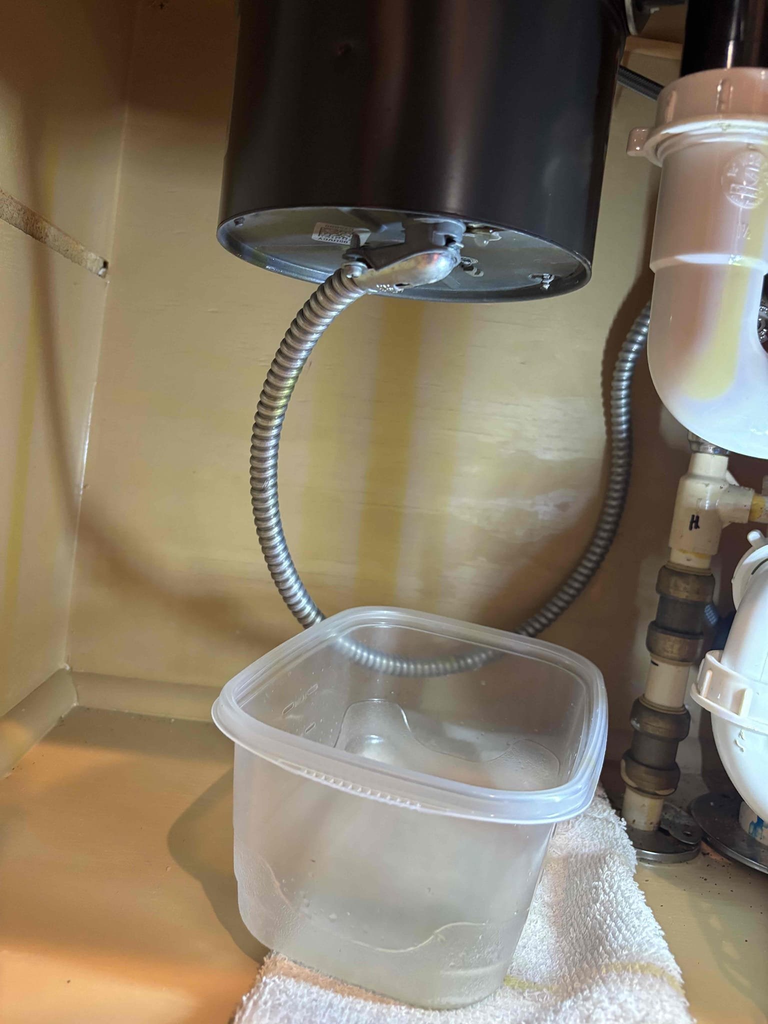 Upon arrival, customer has garbage disposal leaking. Customer has already bought a new disposal. Provided customer estimate to replace disposal. Customer approved estimate. Installed customer supplied garbage disposal. Garbage disposal is working and not leaking at departure. Customer also has running toilet in upstairs master toilet. Also needs a full rebuild in guest bathroom.