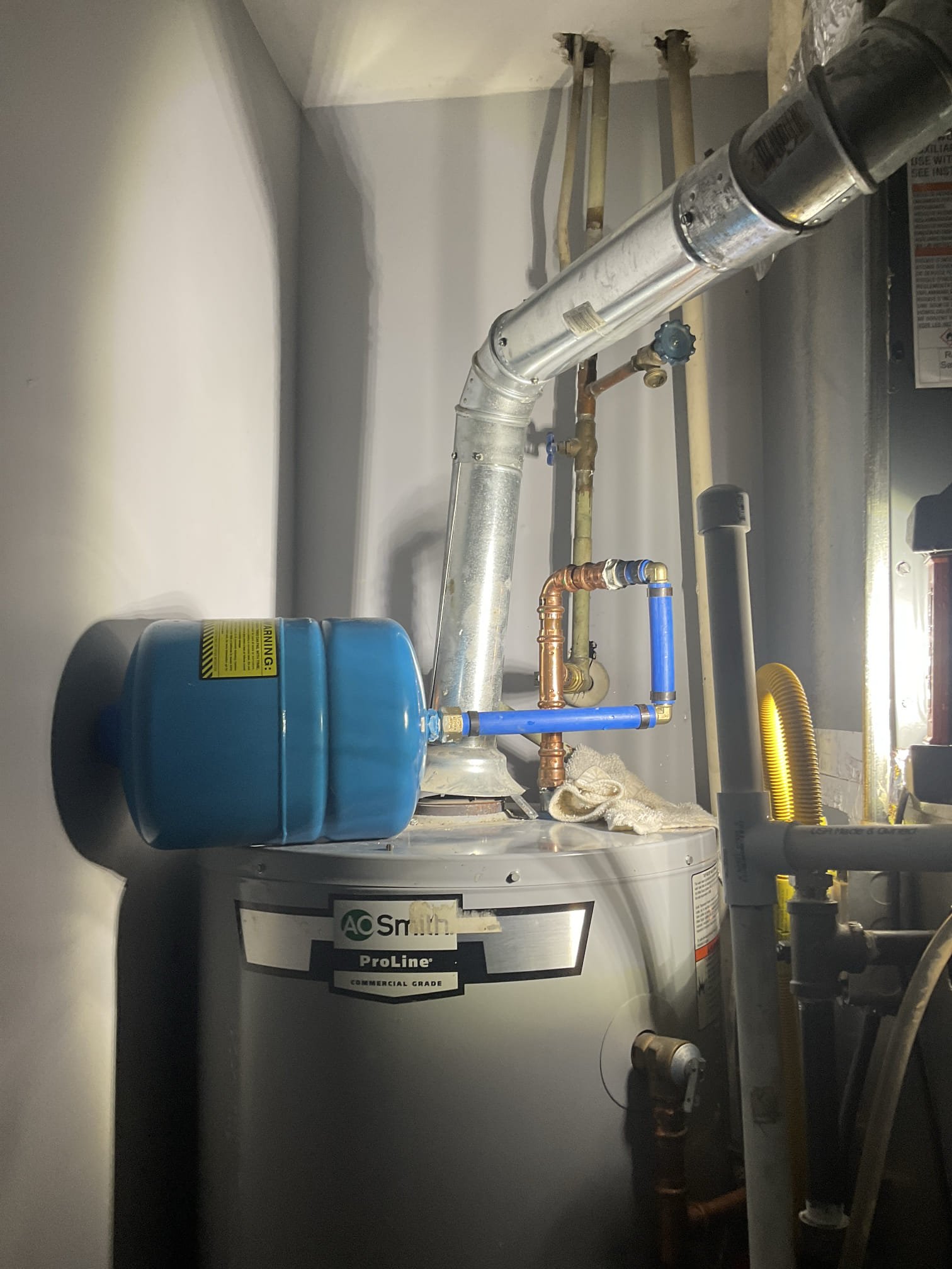 Replaced expansion tank with mount strap , new hose Bibb front . Correct water heater vent and slope issue 