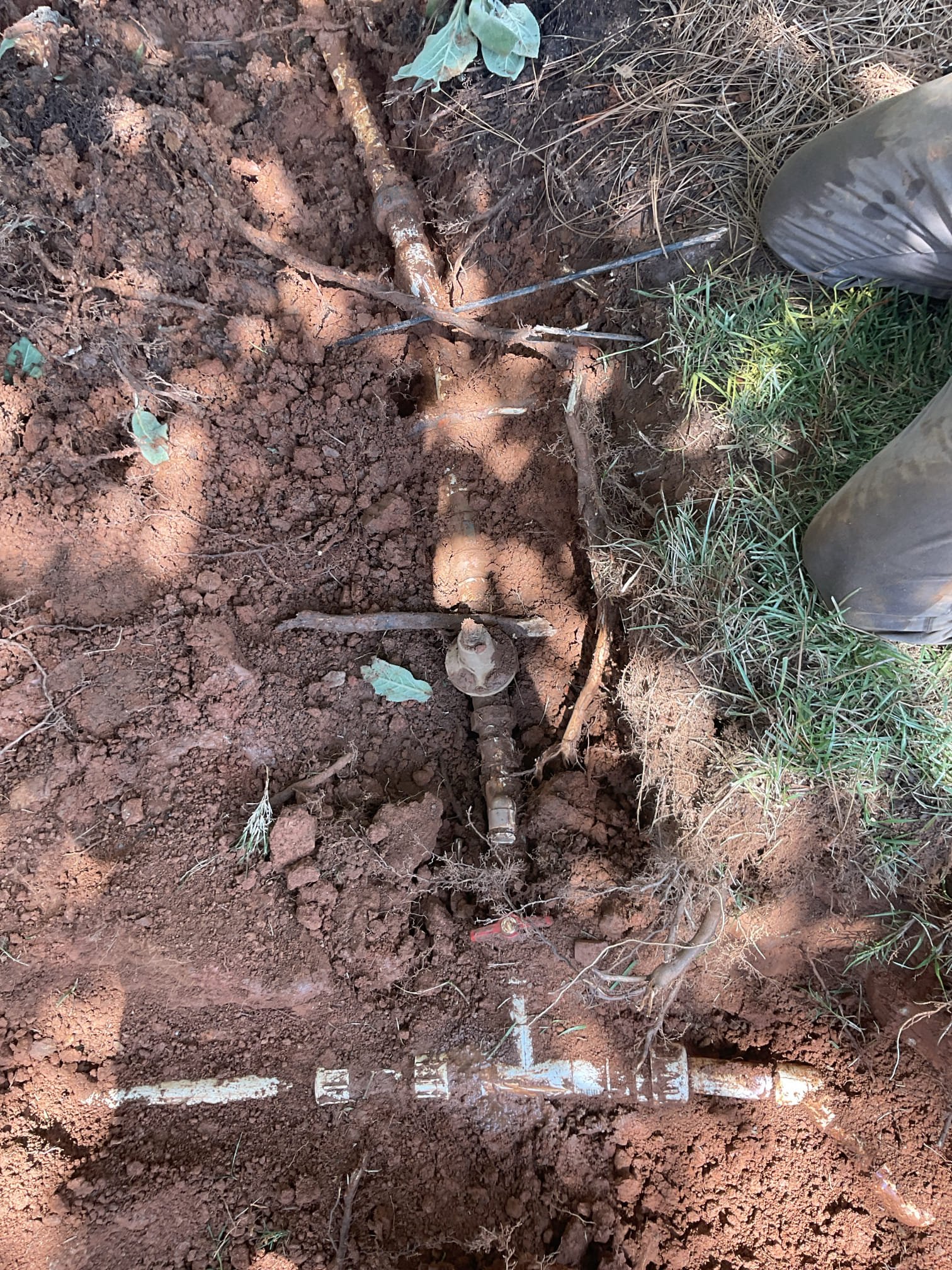 Fixed a broken 1” pvc irrigation line was cracked by roots ,dig and back filled by mini excavator, installed a new 1” brass ball valve and 1” Prv with new access box after water meter 