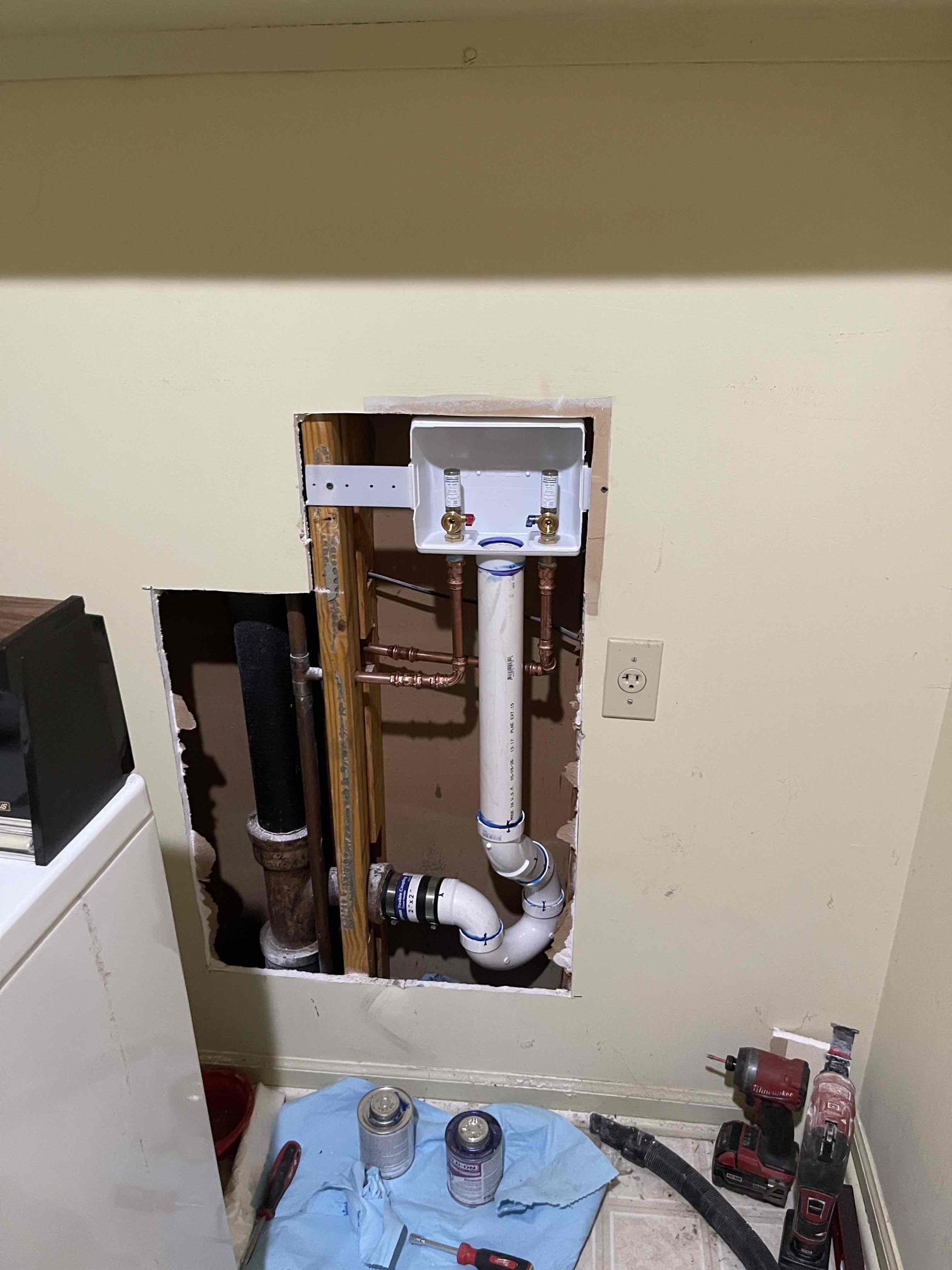 Came out for a washing machine box. Customer had an old style box with a cast iron trap. We decided to replace the box, valves, and the standpipe/p trap. Cut out old plumbing and installed new box and drain. Tested to ensure proper function and a leak free install by running washing machine hose down the drain. 1 year warranty. 
