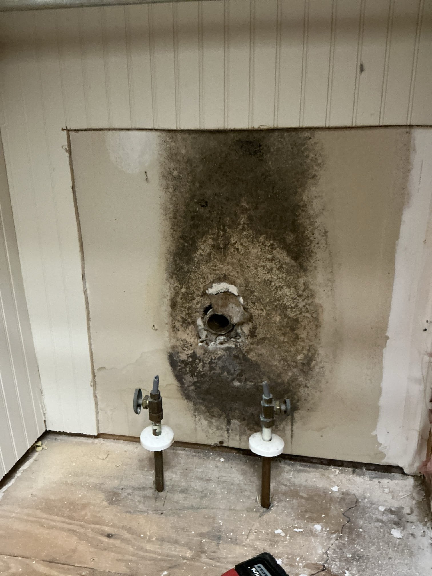 Diagnosed sewer smell further from previous visit. With customer’s permission cut out wall where previous sink drain was. Found drain for previous sink wide open and water damage around on Sheetrock. Cut out waste arm that was open and cracked and replaced with new pvc piping. Also cut out water damaged wall in room behind. Cleaned work space