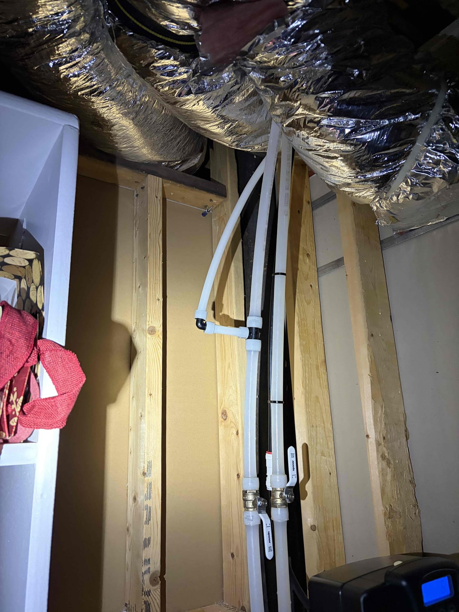 Cut drywall behind fridge 
Install ice maker box
Run water line down through the down the ceiling and the wall and connect into the cold water supply
Had to cut open a second of drywall behind the refrigerator in the laundry room and drill down to enter the basement to feed a half inch pecks line into the basement following that there was a water filter that had open door already on it so instead of slicing into the copper pipe did a three-quarter by half tea and inserted the new piece of PA into the system Once completed. There are no leaks customers all set to use their icemaker and waterline as they wish it’s gonna take a few hours to create that ice as of right now they are all set.
