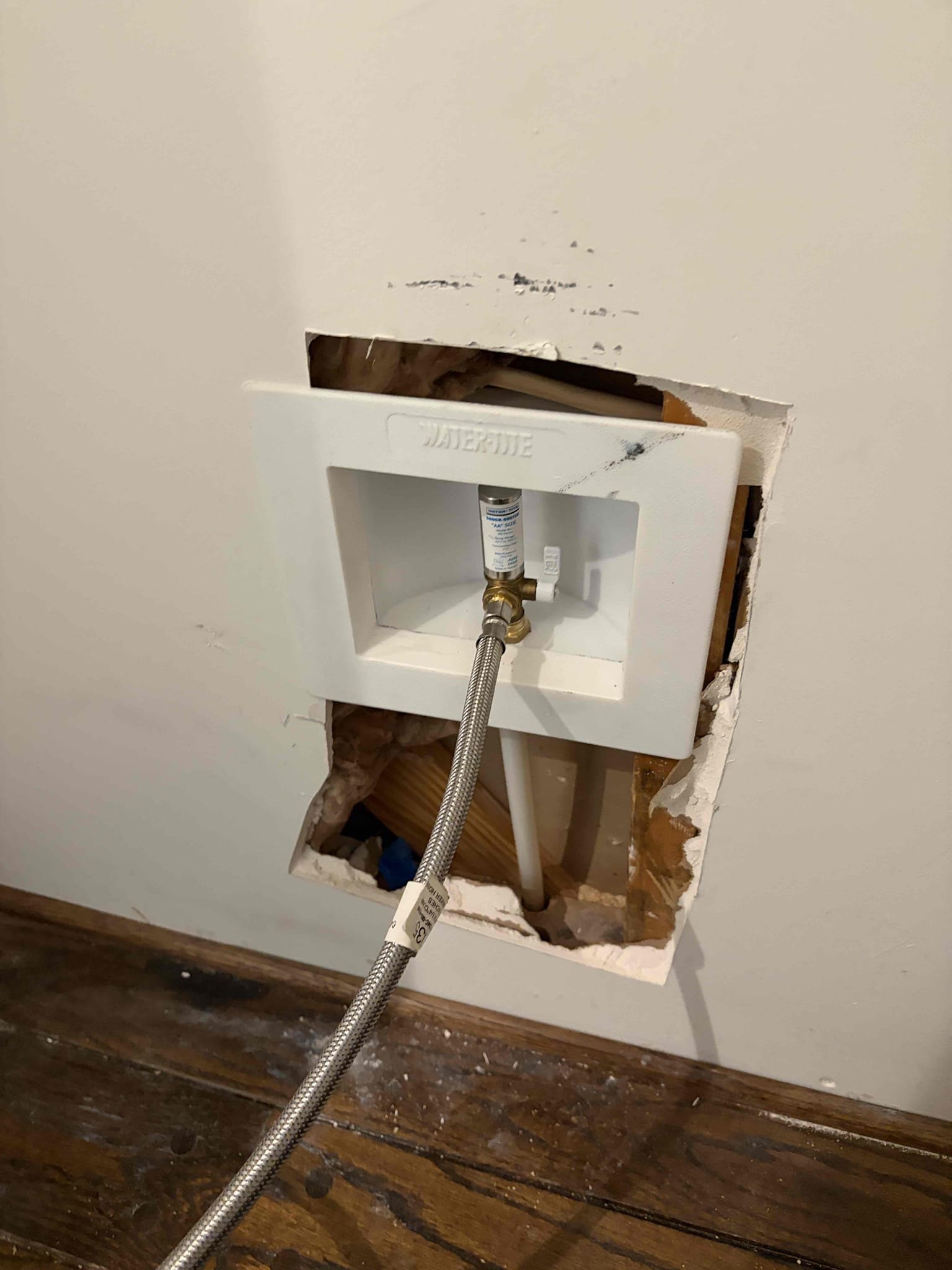 Cut drywall behind fridge 
Install ice maker box
Run water line down through the down the ceiling and the wall and connect into the cold water supply
Had to cut open a second of drywall behind the refrigerator in the laundry room and drill down to enter the basement to feed a half inch pecks line into the basement following that there was a water filter that had open door already on it so instead of slicing into the copper pipe did a three-quarter by half tea and inserted the new piece of PA into the system Once completed. There are no leaks customers all set to use their icemaker and waterline as they wish it’s gonna take a few hours to create that ice as of right now they are all set.