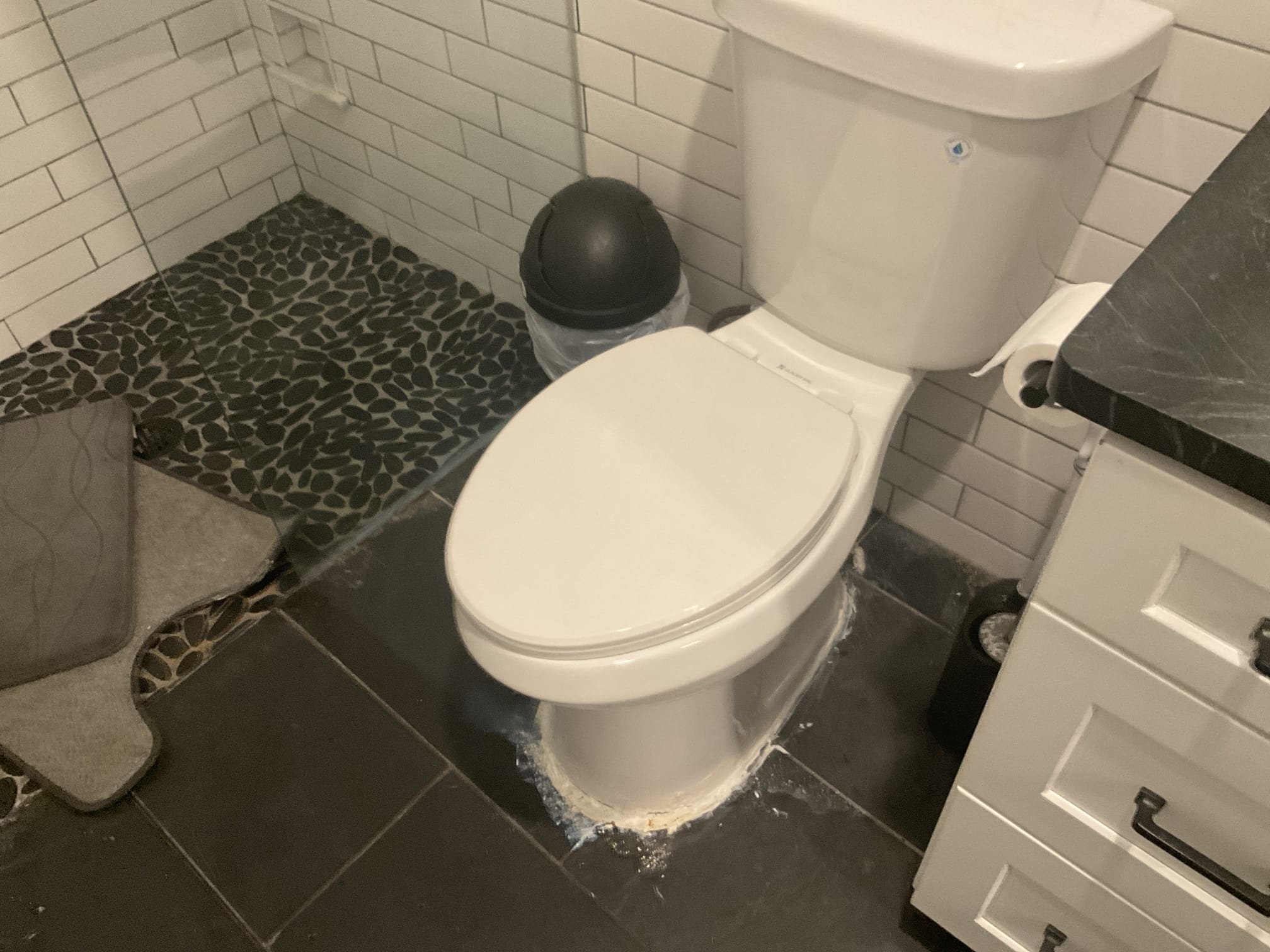 Replaced a toilet with special 10 “ western elongated toilet , fixed broken pvc pipe with new flange , filled hole with concrete. Set toilet with new wax ring 