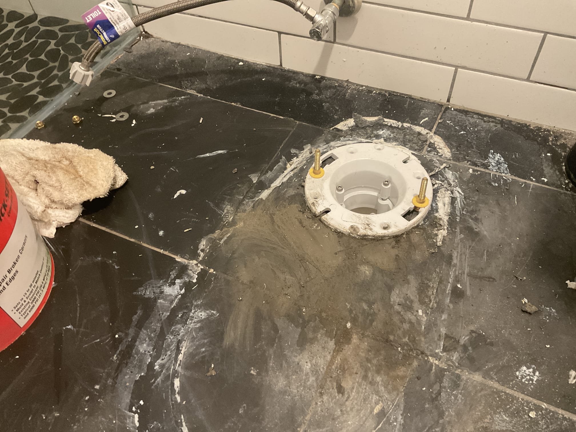 Replaced a toilet with special 10 “ western elongated toilet , fixed broken pvc pipe with new flange , filled hole with concrete. Set toilet with new wax ring 