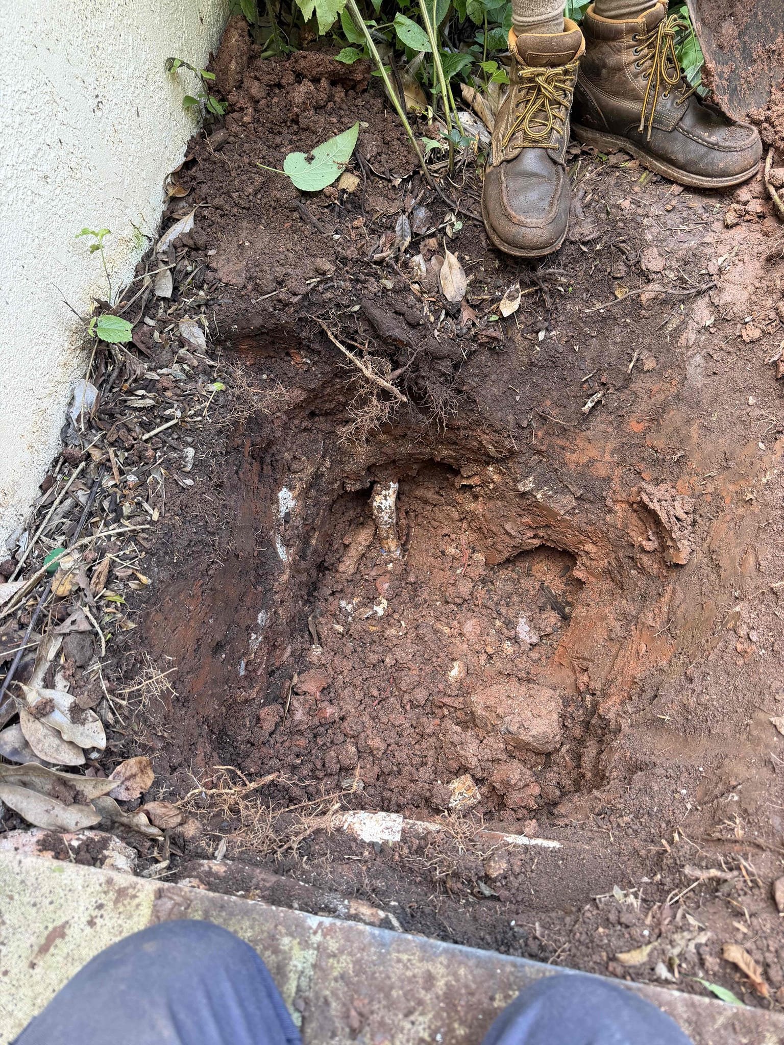 Customer stated that there was a leak on the waterline. Found a leak on 1 inch irrigation line going through foundation wall near pool area. Gave customer options on repair. Landscapers went ahead and removed bush. Dug down to access pipe. Replaced section of 1 inch PVC through foundation wall. Tested and no leaks were present at this time. Cleaned up work area. Landscapers will return to plant bush back.