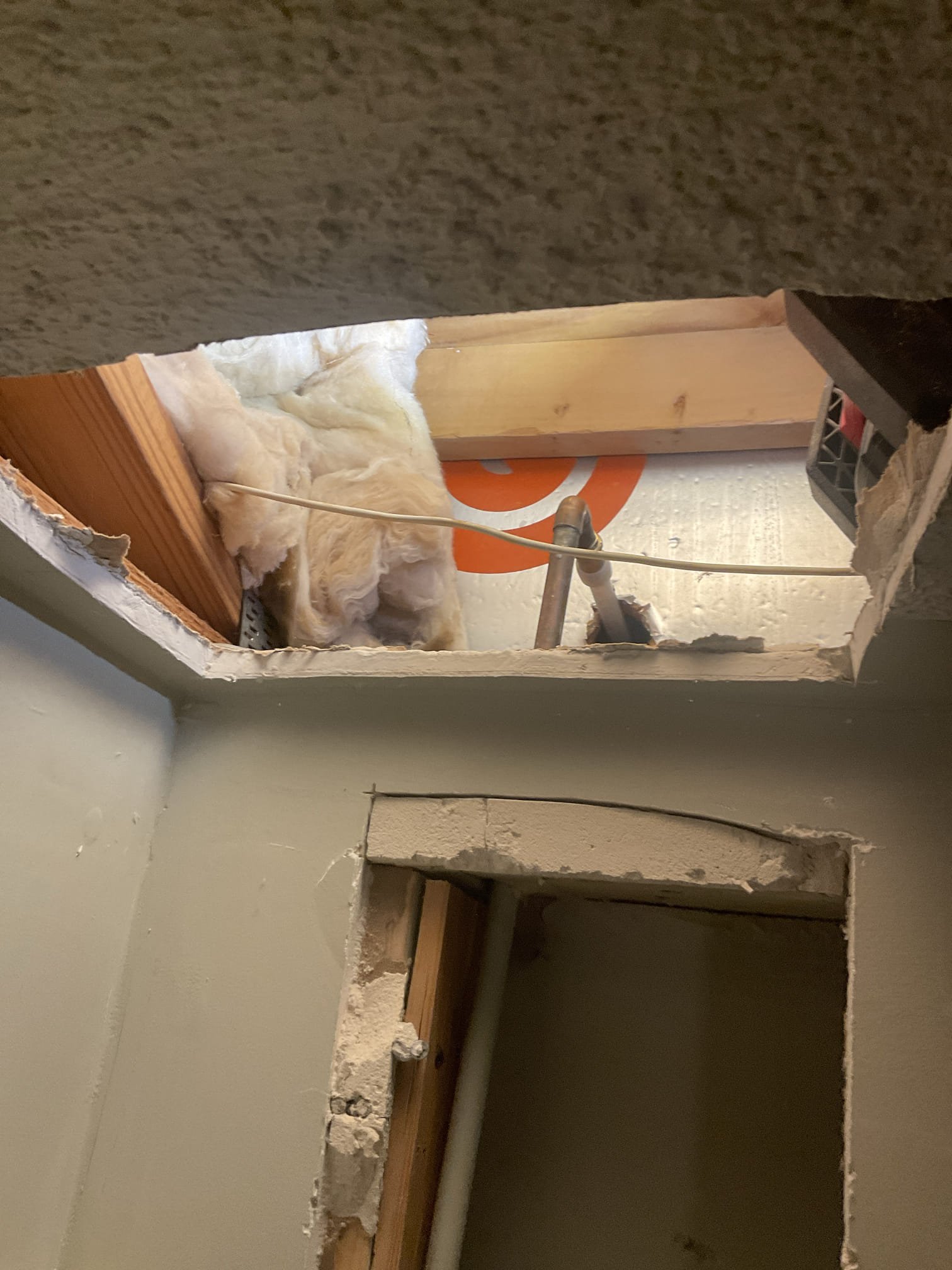 Cut drywall in basement wall and ceiling, replaced a front hose bib , screwed drywall back . 