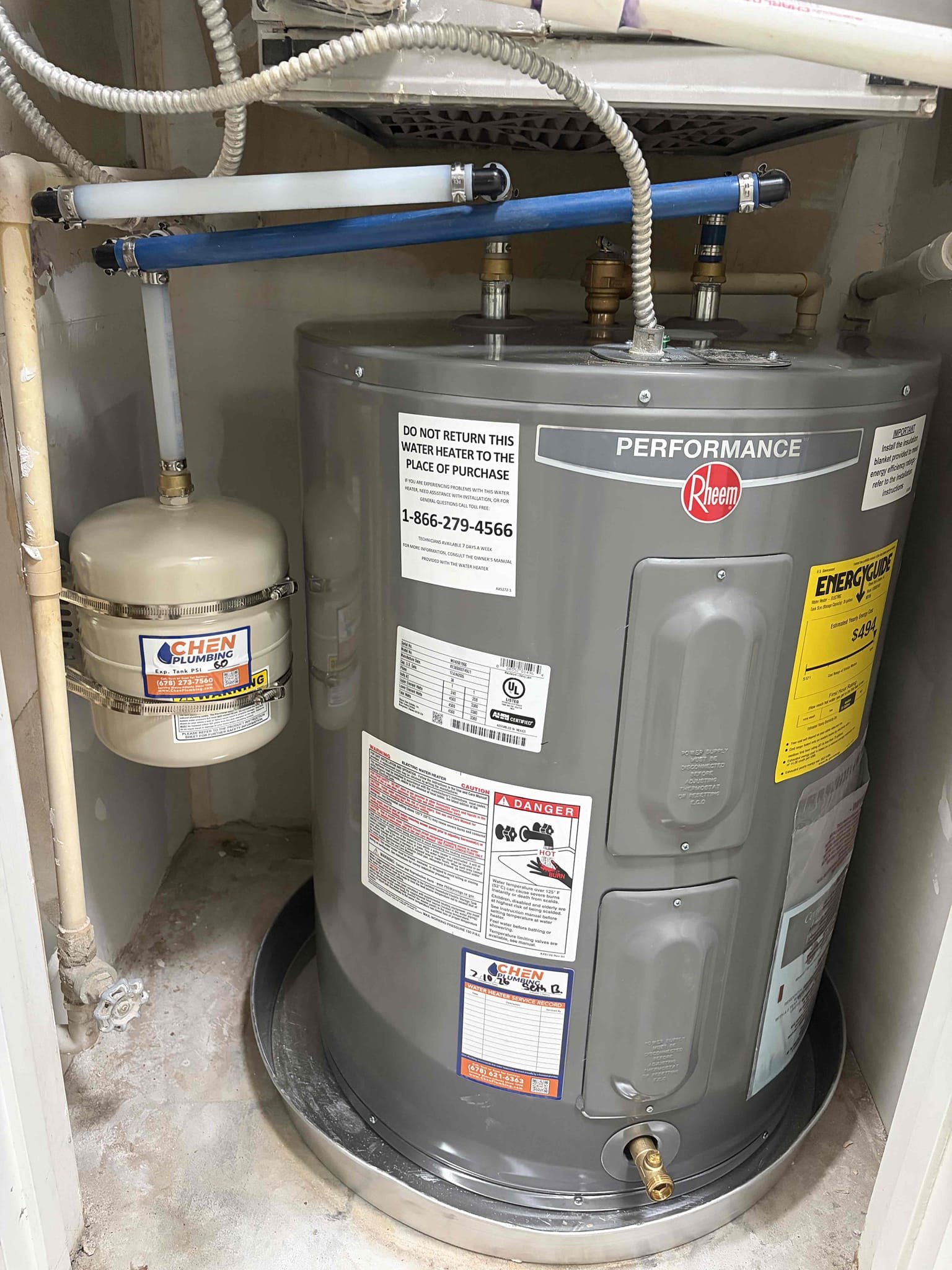 Upon arrival, customer stated her current water heater is 11 years old and rusty. Provided customer estimate to replace 38 gallon lowboy. Customer approved estimate. Replaced old water heater with new Rheem 38 gallon lowboy electric water heater. Installed in a new pan. Installed with new expansion tank strap to wall. Filled water heater, no leaks at departure. After airing out tank fired unit up. Water heater is lit and working properly at departure. Customer signed up with Win With Chen!