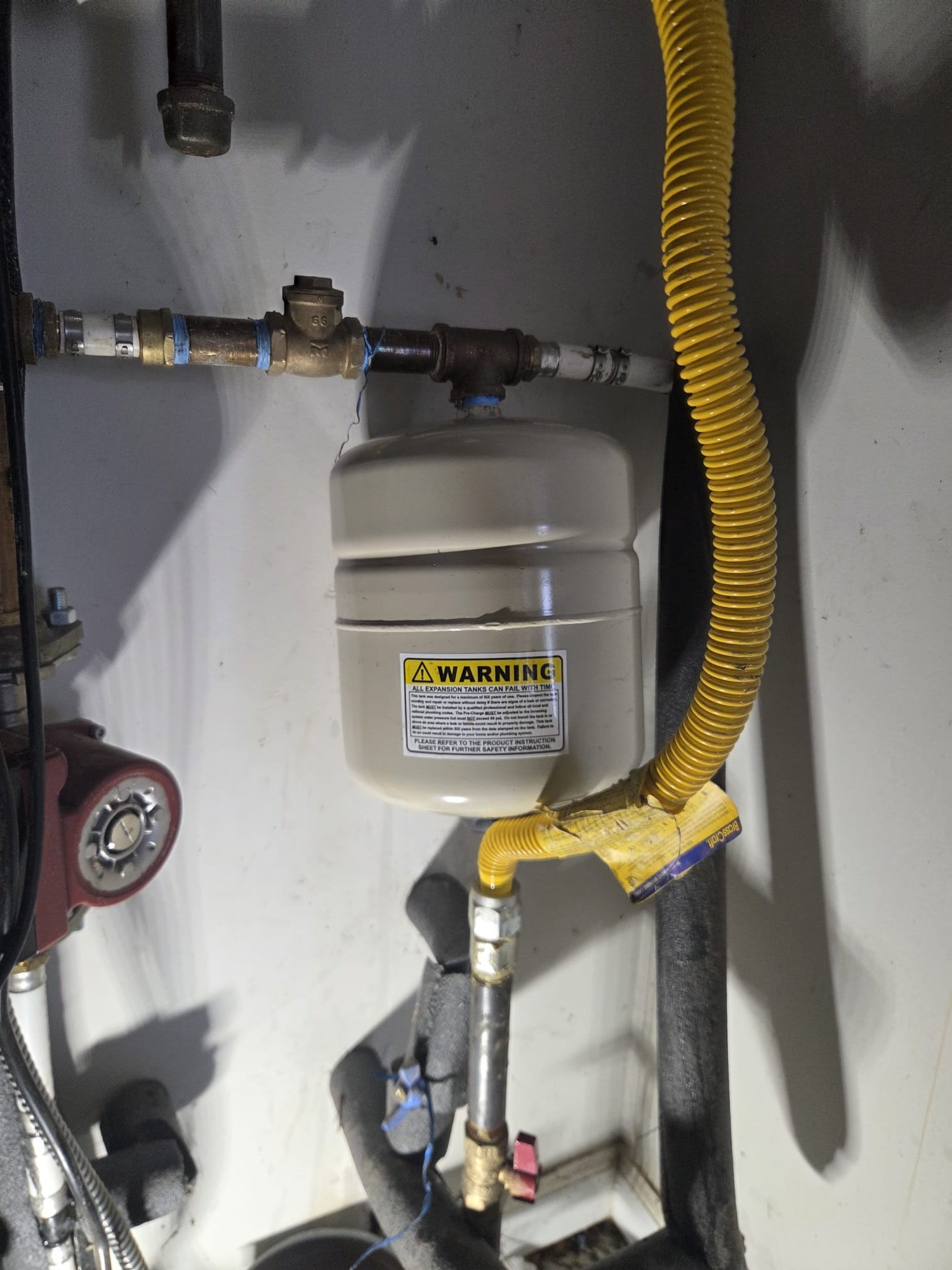 Call for leak from expansion tank.

Arrived and met with David, and he showed me the spraying expa sion tank.

We removed tank and replaced with a new tank. Pressurized and verified there were no leaks. 

I discussed concerns with the recirculation pump,  and I suspect it is failing or has failed. When I unplugged the unit the water remained hot in the master bathroom. 

I discussed options for replacing the pump,  which would include the installation of a check valve. I will check back in on Monday and see how David and Mrs. Jones would like to move forward.  


