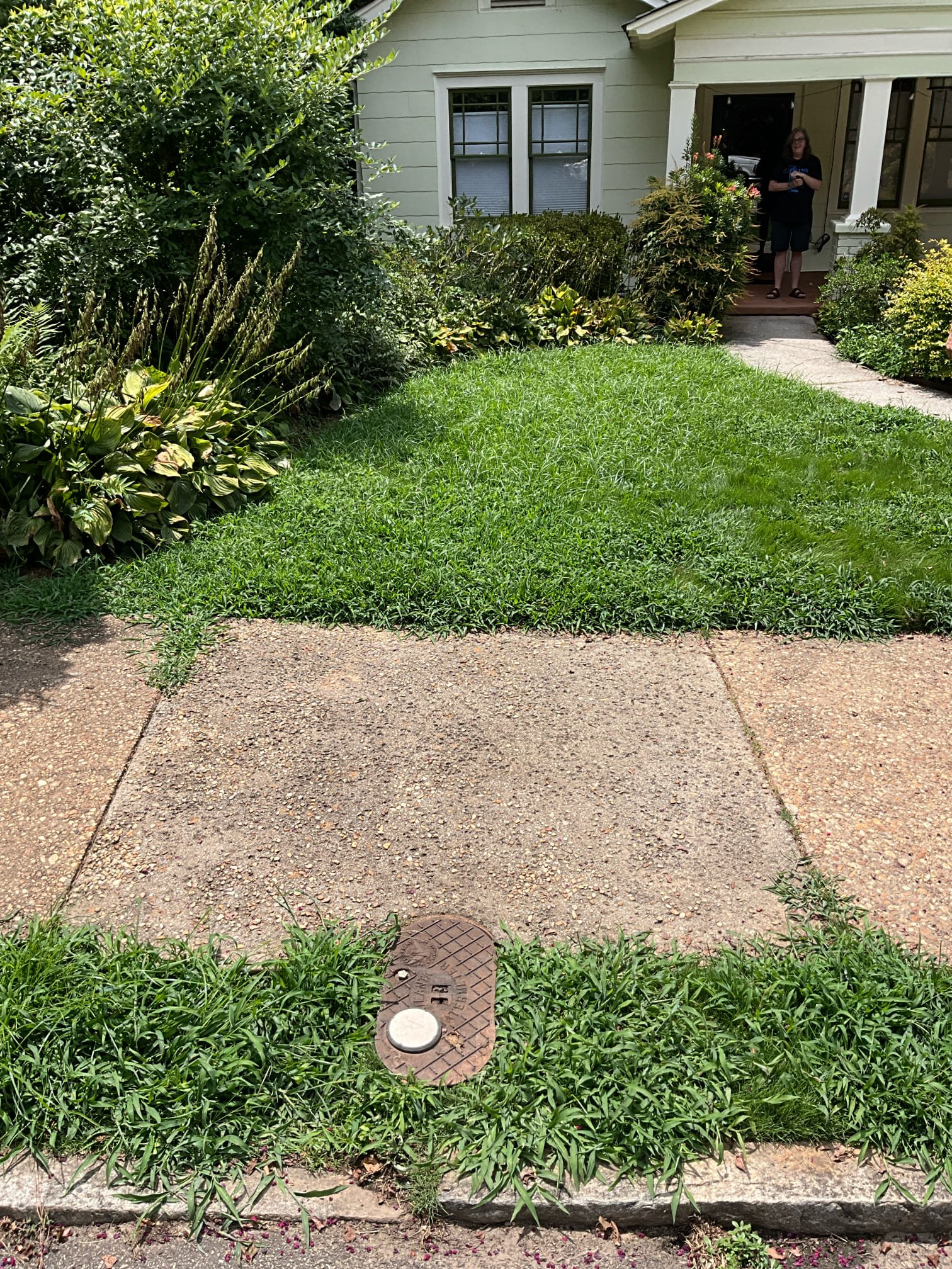 Cut sidewalk, hand dig across yard, tunnel under retaining wall, trench across walkway, new foundation penetration, tie back into copper pipe in the basement. Will be pouring back the concrete that must be removed from the sidewalk.

Returning Monday to replace the water service