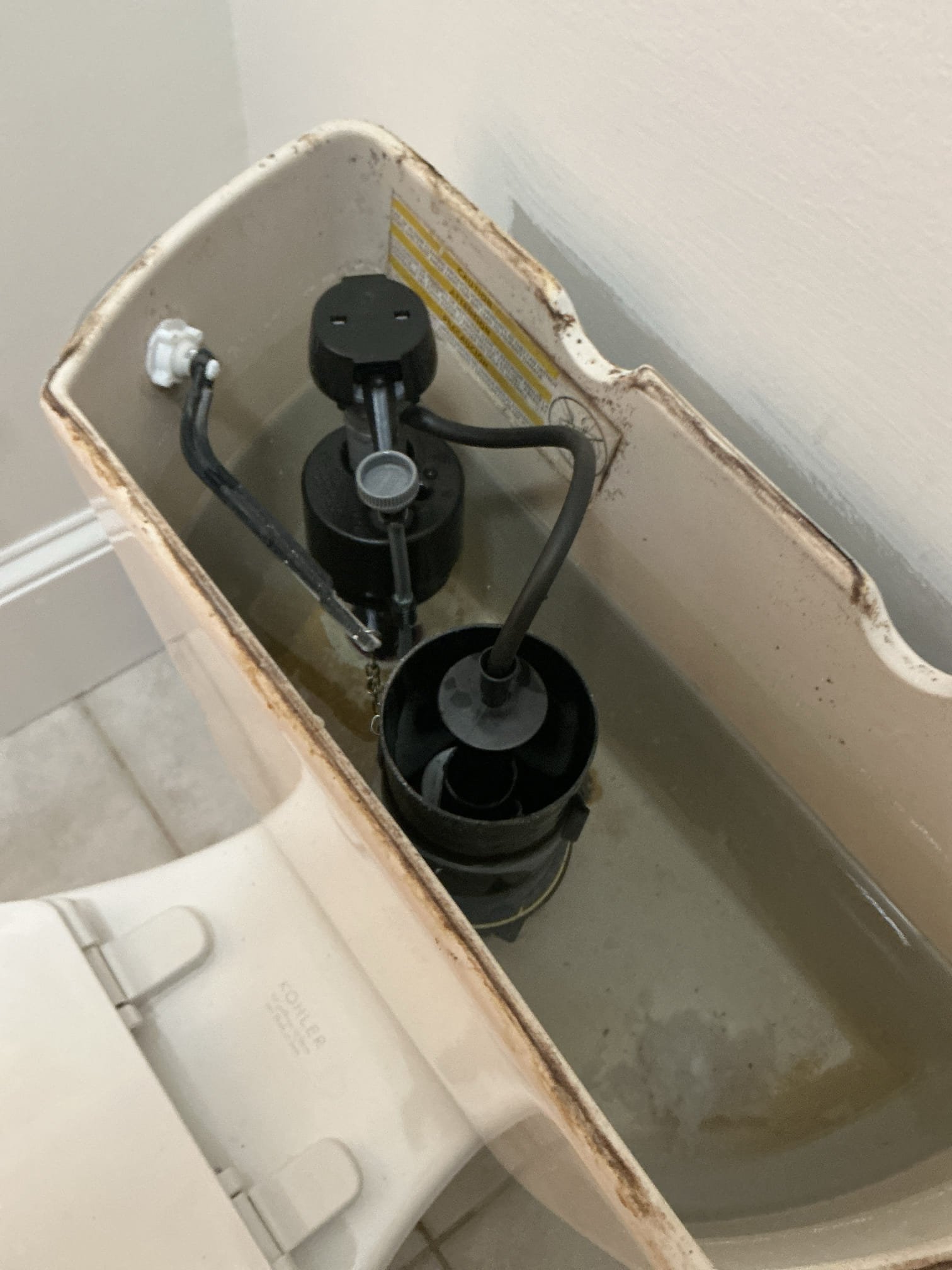 Diagnosed toilet running. Found fill valve to be worn out and flapper seal failed. Shut off water to toilet and removed all internal parts. Installed new fill valve, new flapper seal, and new toilet supply line. Tested toilet for proper operation and flush. No issues found after work completed and cleaned work space 