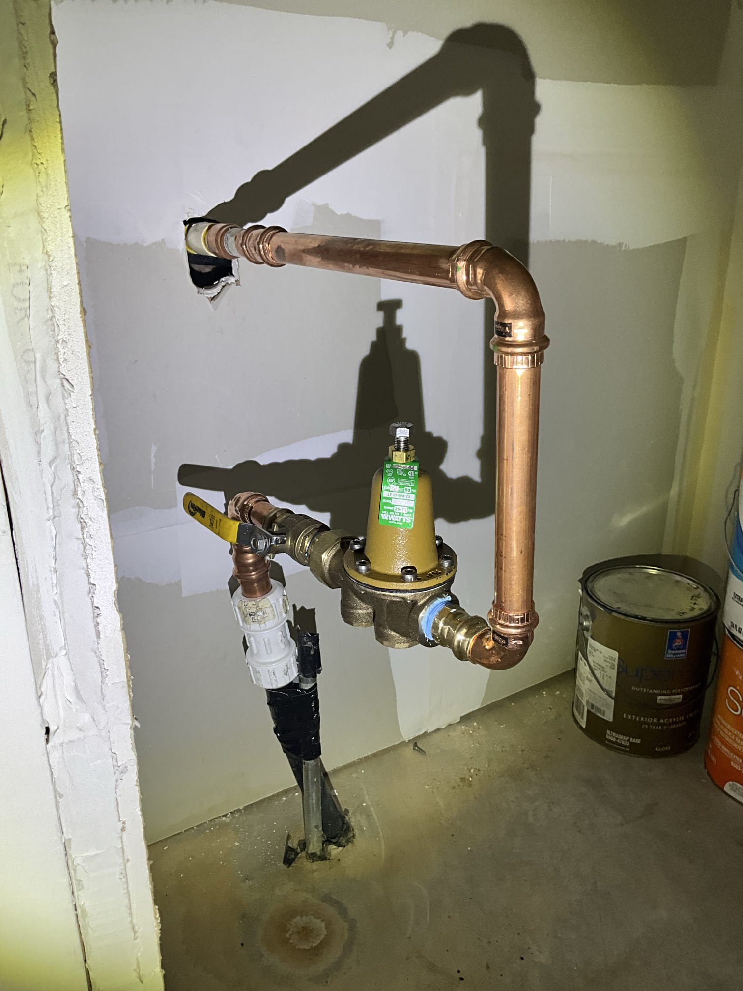 Returned once water meter was located, shut off water to the home, and replaced the prv and shutoff valve. Reconnected to existing Cpvc with a copper install. Tested all work to ensure proper function and no leaks, none were found. Set house pressure to.