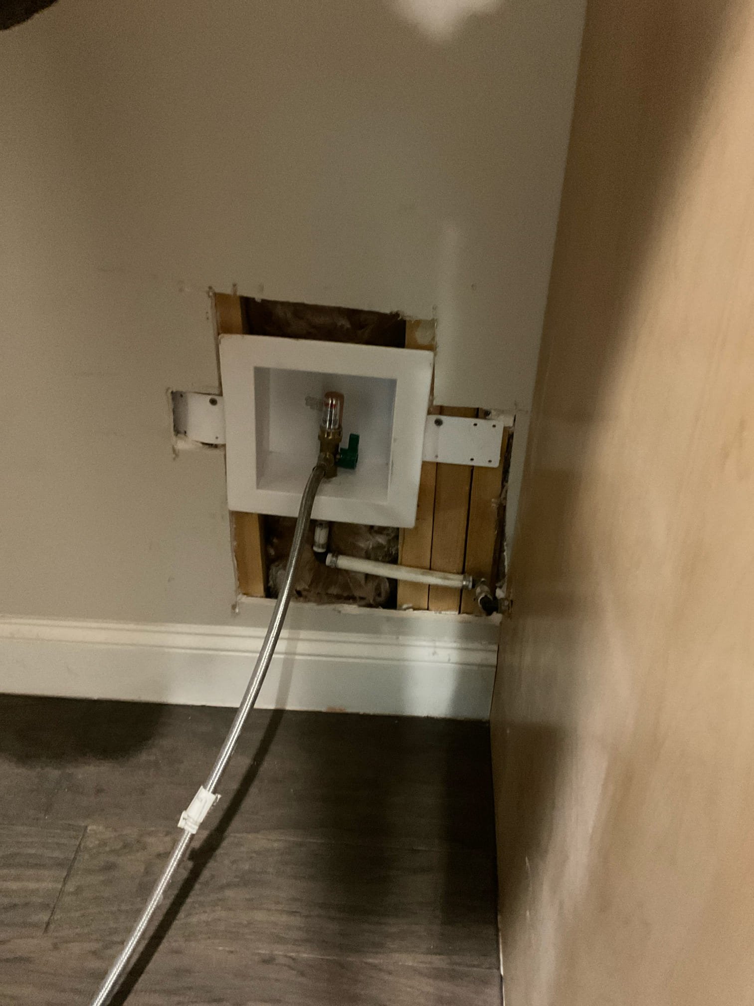 Customer stated that they needed ice maker box installed so that fridge can be punched all the way back. Gave customer quote and customer agreed. Went ahead and shut water off to home and cut Sheetrock. Installed new ice maker box. Turned water back on and tested. Everything tested fine with no leaks. Cleaned up work area.