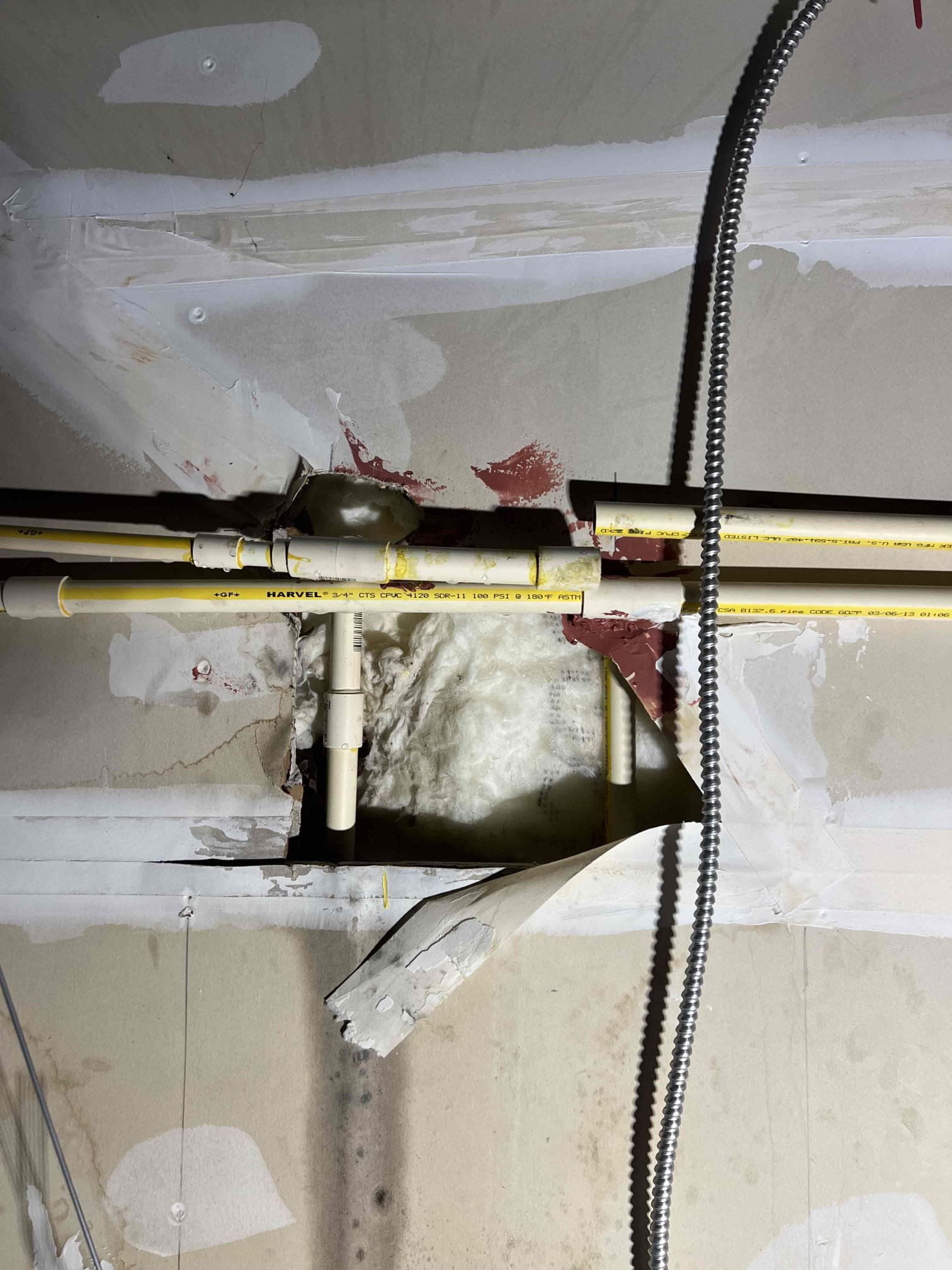 Customer had leak on CPVC line in ceiling. Cut out repair attempt and replace section of CPVC. Waited for glue to dry and turned on water to check for leaks and proper function.
