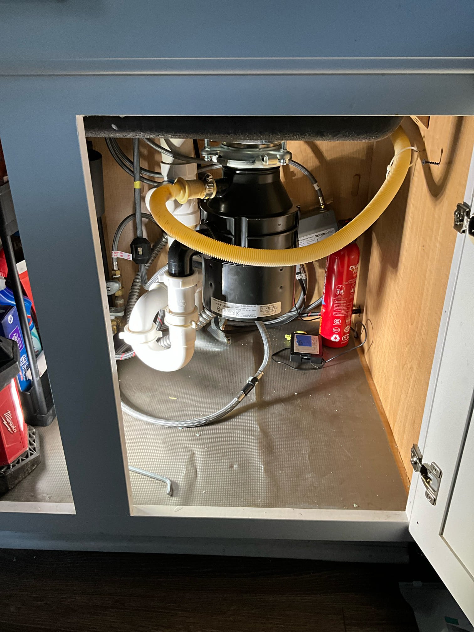Return to complete quoted work.

Arrived and greeted Barr and Ms. Stephanie. Discussed and confirmed scope of work. 

Shut water down, drained system. Installed ice maker shut off valve with hammer arrestor. Ran steel braided supply line to fridge. Turned on valve and verified line was on and leak free at both connections.

Removed brass and pex condensate line. Installed all cpvc condensate drain line, with air vent branch. Increased to 3/4 inch pipe to assist with better flow and to help reduce risk of freeze blockages in winter time.

Removed old garbage disposal and replaced with a new half horsepower unit. Transition from 3/4 to 1/2 hp done at the discretion of Barr and Stephanie. Installed extension tube, as p trap was barely hanging on to drain line from disposal. Ran water and did drop test to verify disposal was draining and leak free. 

Discussed all work and ensured work spaces were clean.