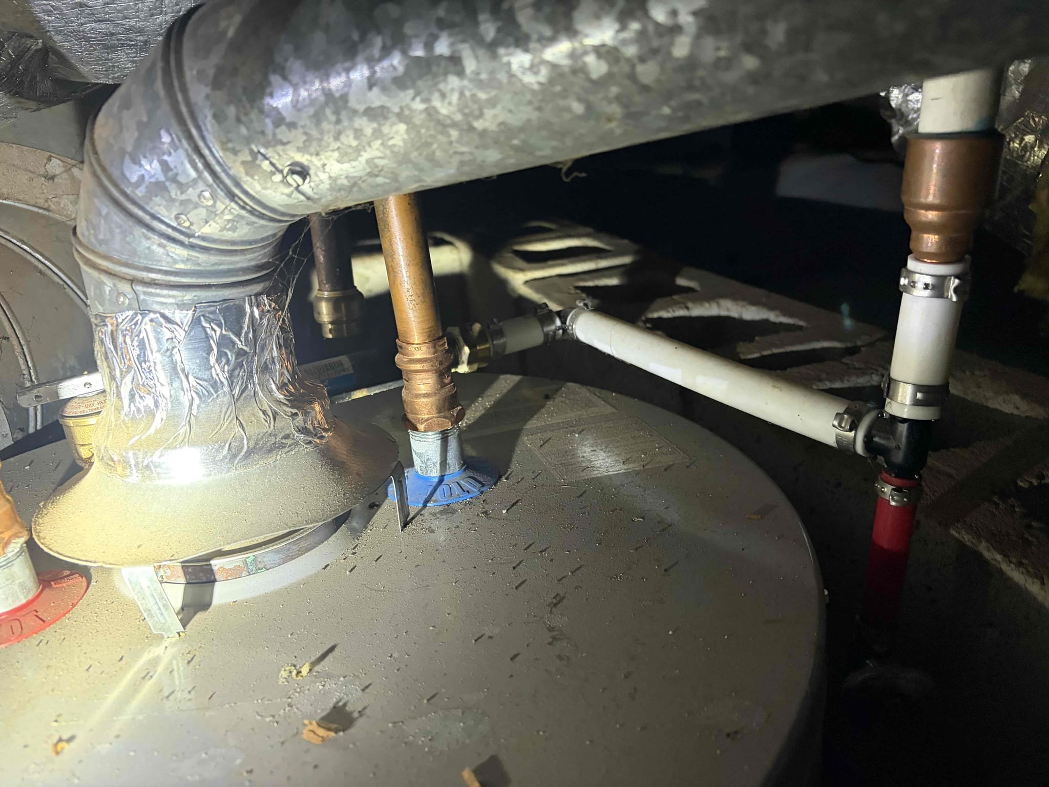 For this customer, we came out to take a look at an issue that is either pre-existing or new issue. I have determined that the leak isn’t coming from the work that we did in April, we did a cast iron to pvc drain partial replacement. From everything that I’m seeing it’s not related to the work that we completed in April. The water heaters are out of code. There is a slope issue with the venting for the gas water heater on the backside of the basement and the vent pipe is not completely connected. There are some pecks pipes on the gas water heater, which is against code following that there are issues with the gas line no thermal expansion tank Pressure is good on the home however, with all these issues, I recommend either going with an electrical water heater or a tankless water heater to offset the carbon monoxide issues that are going to be prevalent in the home at this time the work that was completed by us has no leaks. In addition to that I recommend to open up the wall. 