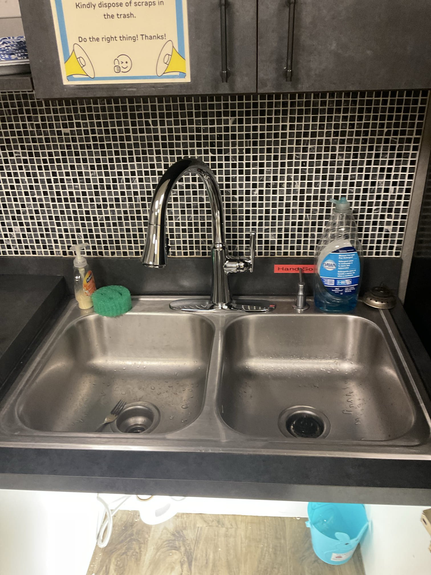 Replaced a break room sink faucet with delta single handle pull down faucet , fixed two loose toilets in woman’s first two toilets . 